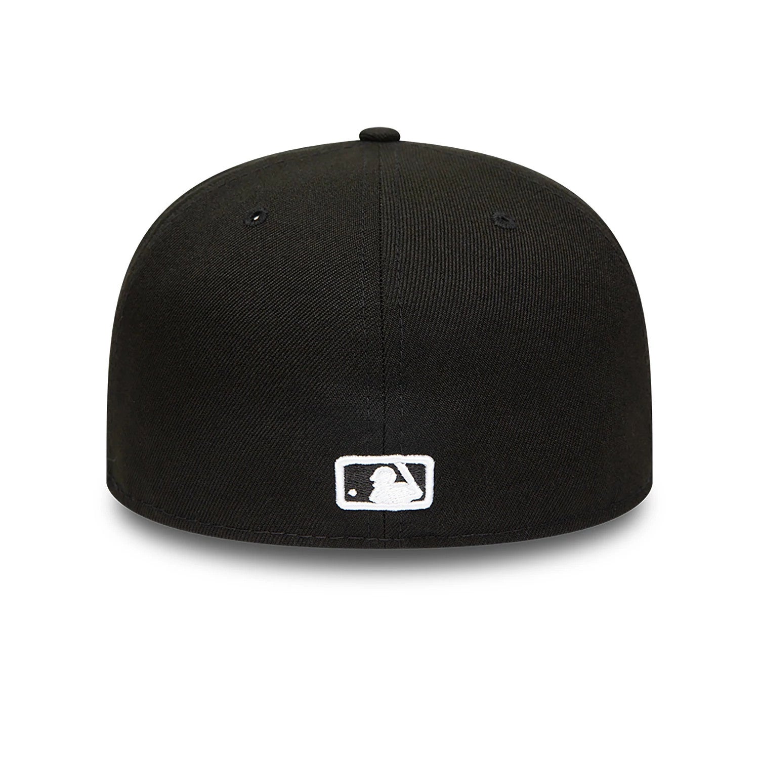 Athletics MLB Black and White New Era 59FIFTY Fitted Cap, rear view showing the white embroidered MLB Batterman logo at the centre of the back panels on the black structured crown.