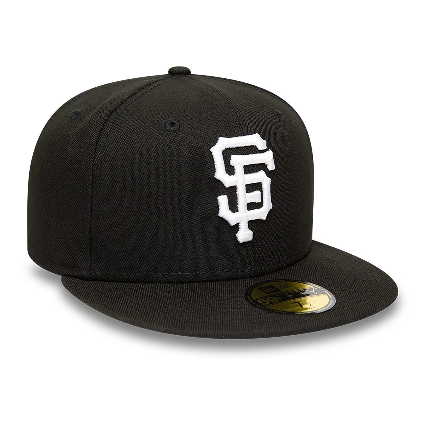 San Francisco Giants MLB Black and White New Era 59FIFTY Fitted Cap, three-quarter view showing white raised embroidery logo on the front panel, black flat visor with gold 59FIFTY size sticker, and structured crown with black eyelets.