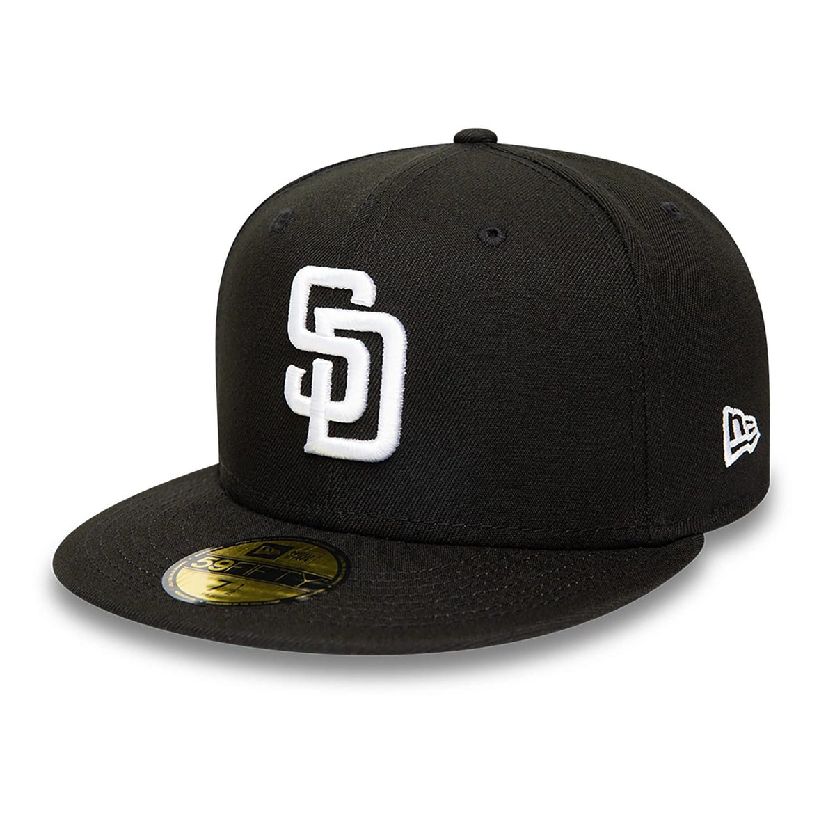San Diego Padres MLB Black and White New Era 59FIFTY Fitted Cap, front view with raised white embroidered SD logo on the black crown, a flat black visor featuring a gold 59FIFTY size sticker, and New Era flag logo on the left side.