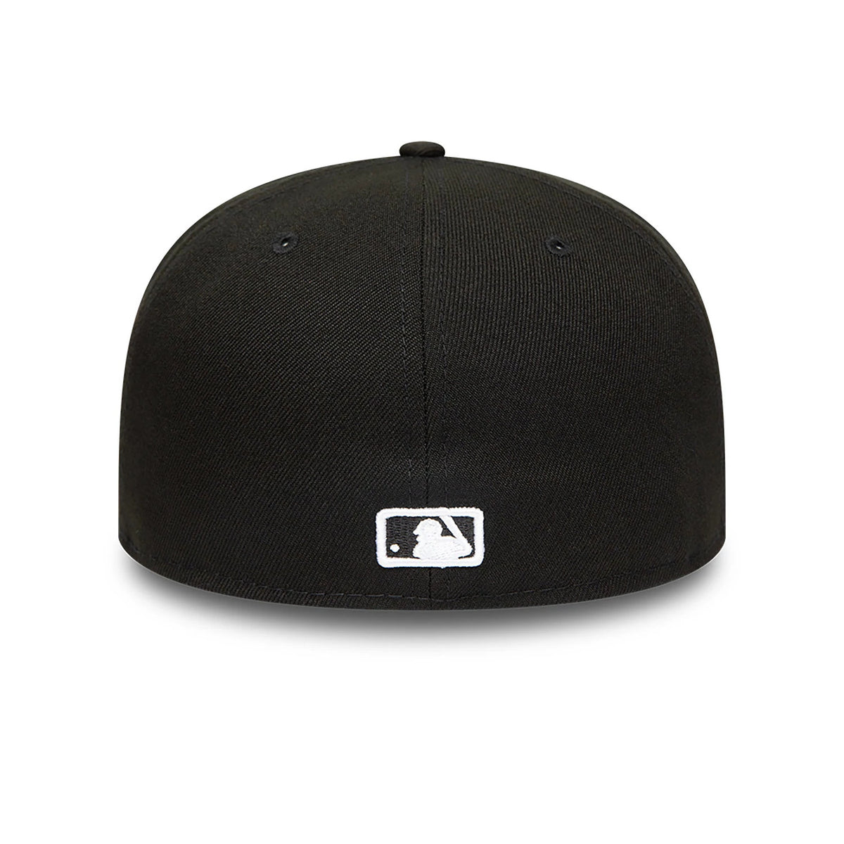 Anaheim Angels MLB Black and White New Era 59FIFTY Fitted Cap, rear view showing the white embroidered MLB Batterman logo centred at the back of the black crown, beneath the top button and eyelets.