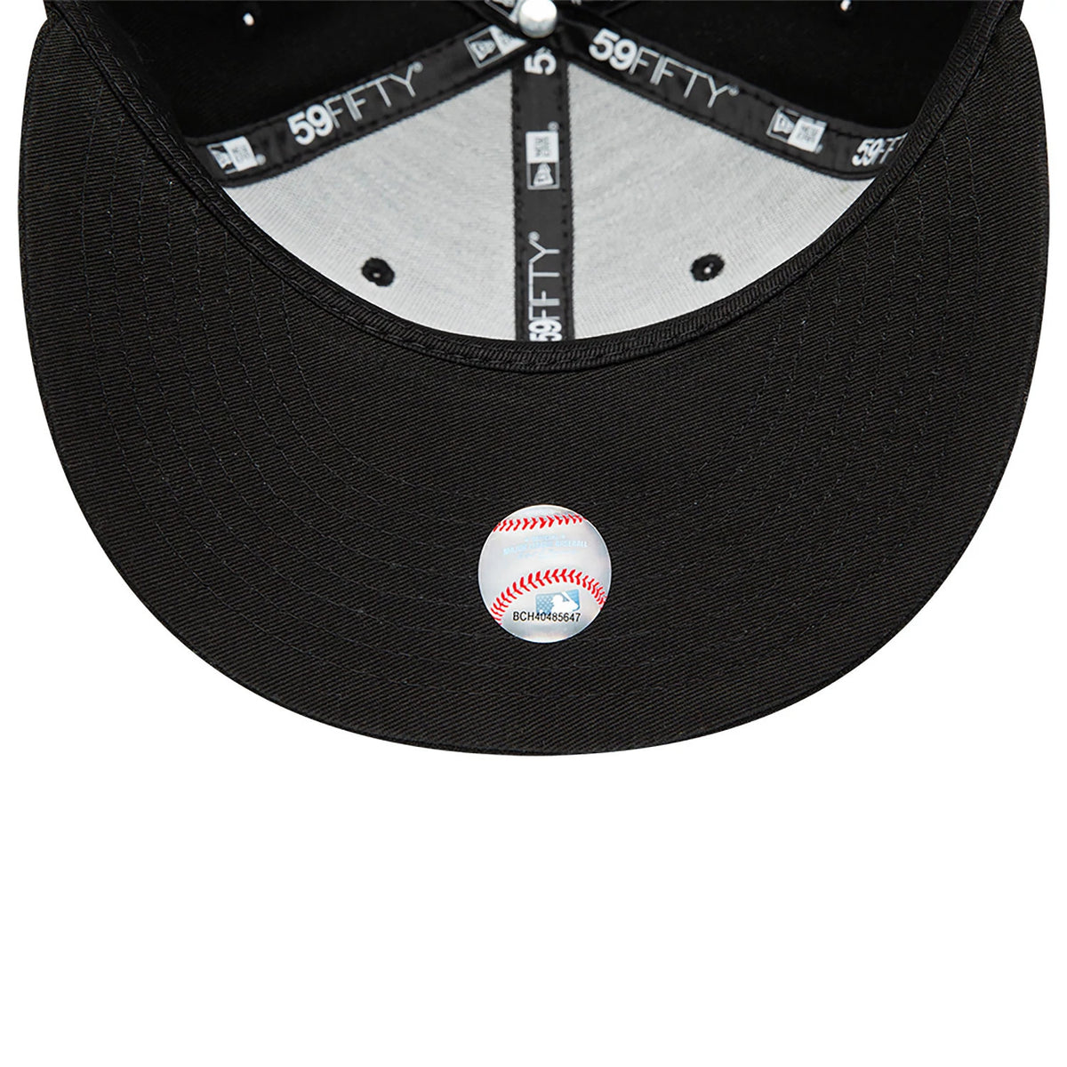 Anaheim Angels MLB Black and White New Era 59FIFTY Fitted Cap, inside view showing the grey undervisor with a baseball-shaped authentication sticker, black 59FIFTY taping, black sweatband, and a top button.