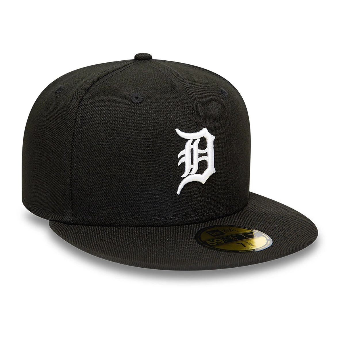 Detroit Tigers MLB Black and White New Era 59FIFTY Fitted Cap, front view with raised white embroidered D logo on the front panel, black flat visor with a gold 59FIFTY size sticker on top.
