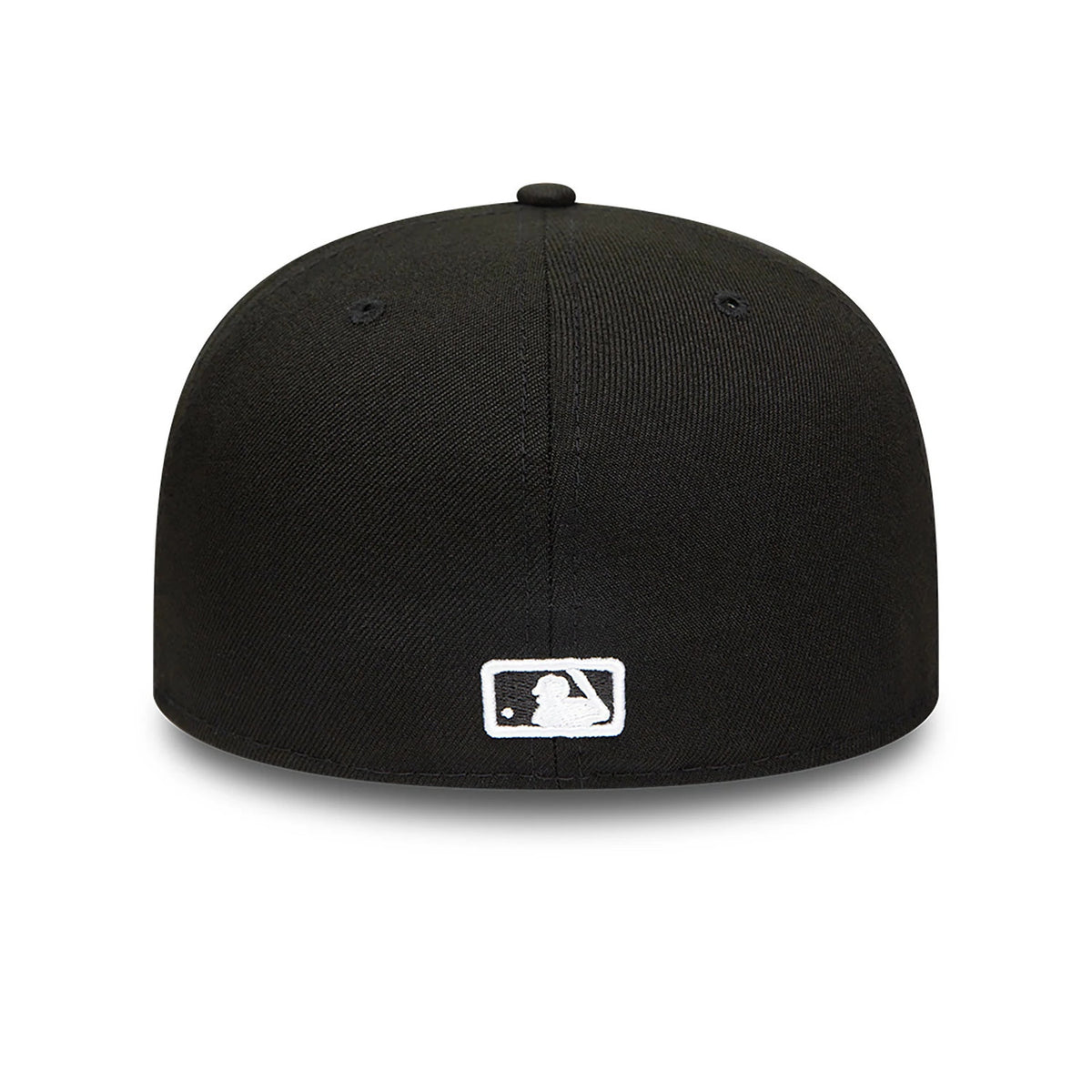 Detroit Tigers MLB Black and White New Era 59FIFTY Fitted Cap, rear view showing the white embroidered MLB Batterman logo centred on the back of the structured black crown with the top button and eyelets.