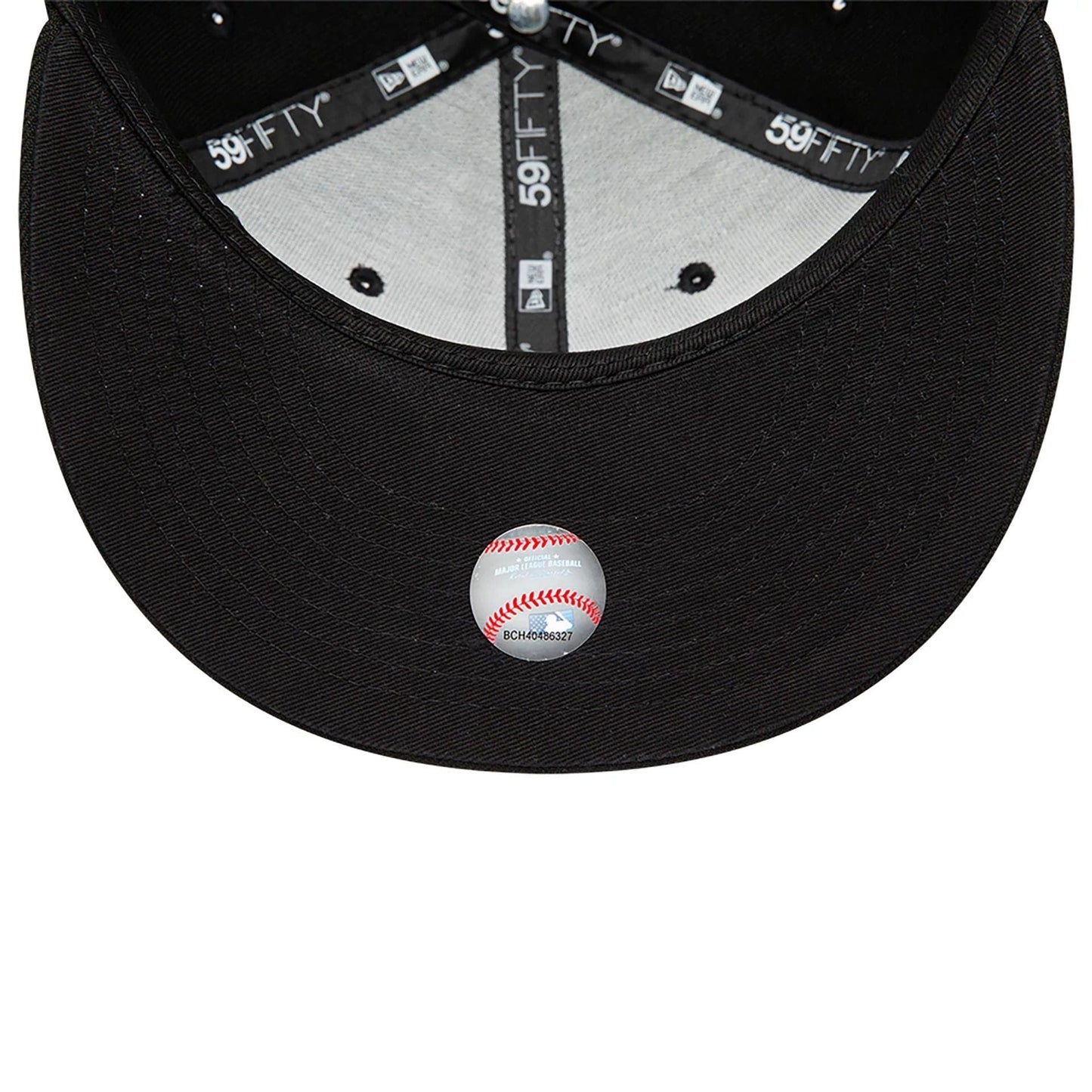 Detroit Tigers MLB Black and White New Era 59FIFTY Fitted Cap, inside view with black taping featuring 59FIFTY branding, a grey sweatband, and a small sticker on the black undervisor showing a baseball design.