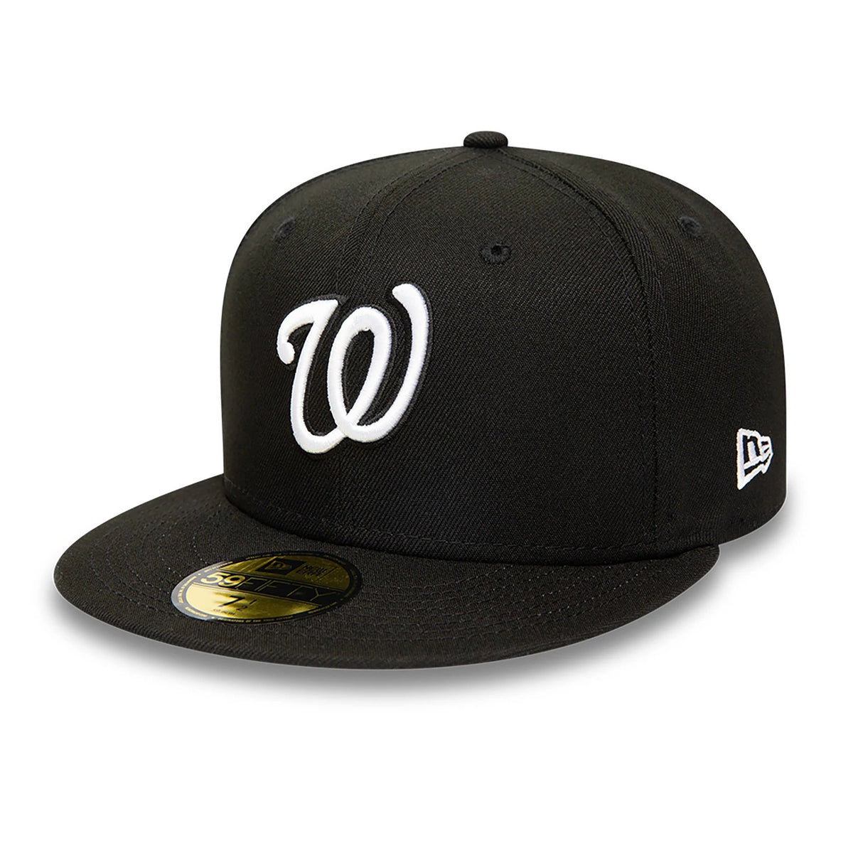 Washington Nationals MLB Black and White New Era 59FIFTY Fitted Cap, front view showing the raised white embroidered "W" logo on the front panel, black visor with gold 59FIFTY size sticker, and white New Era flag logo on the left side.