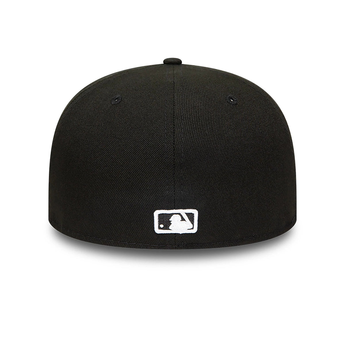 Washington Nationals MLB Black and White New Era 59FIFTY Fitted Cap, rear view showing the white embroidered MLB Batterman logo centred on the back panels of the structured black crown.