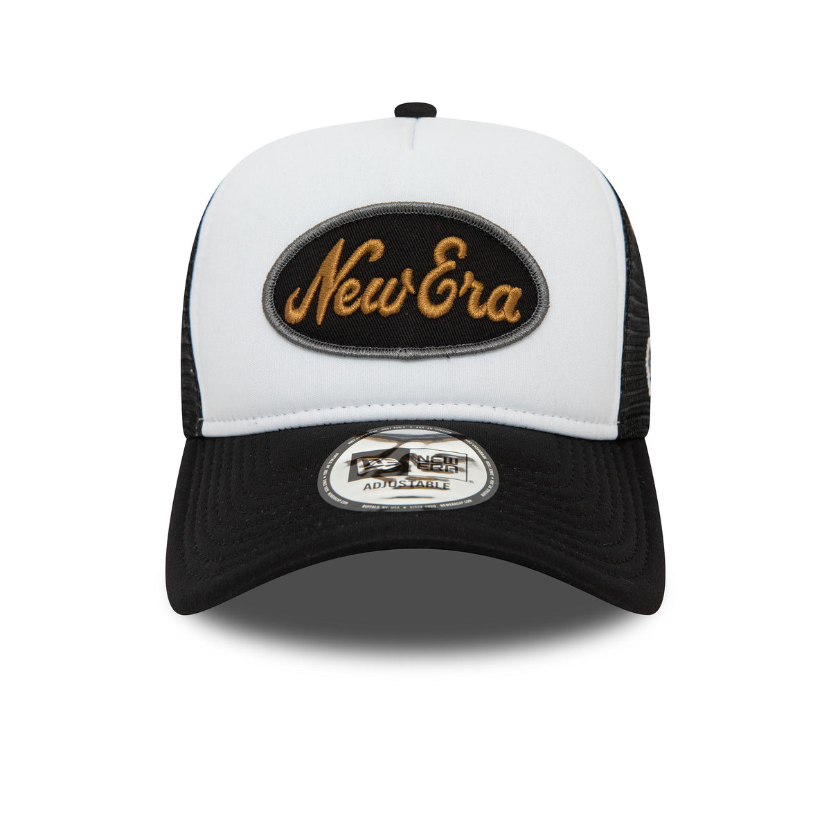 New Era Youth Black Oval Trucker Cap, front view showing a black and gold embroidered New Era logo on the white front panel, with a black visor and a 9FORTY size sticker at the centre.