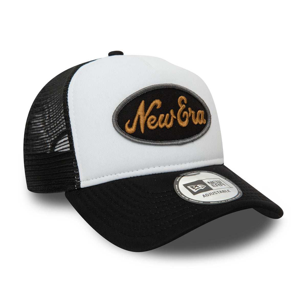New Era Youth Black Oval Trucker Cap, three-quarter view showing a gold embroidered New Era logo on a black oval patch on the white front panel, with a black visor and a New Era adjustable sticker.