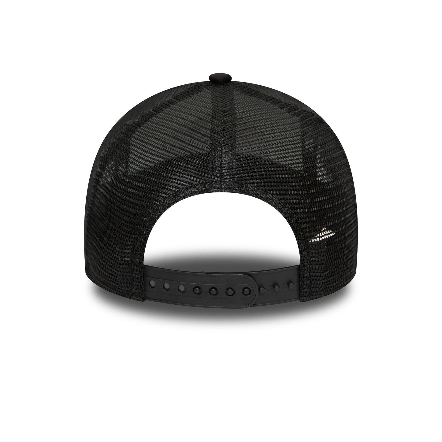 New Era Youth Black Oval Trucker Cap, rear view showing the mesh back panels with an adjustable black snap closure, highlighting the structured design and curved shape of the crown.