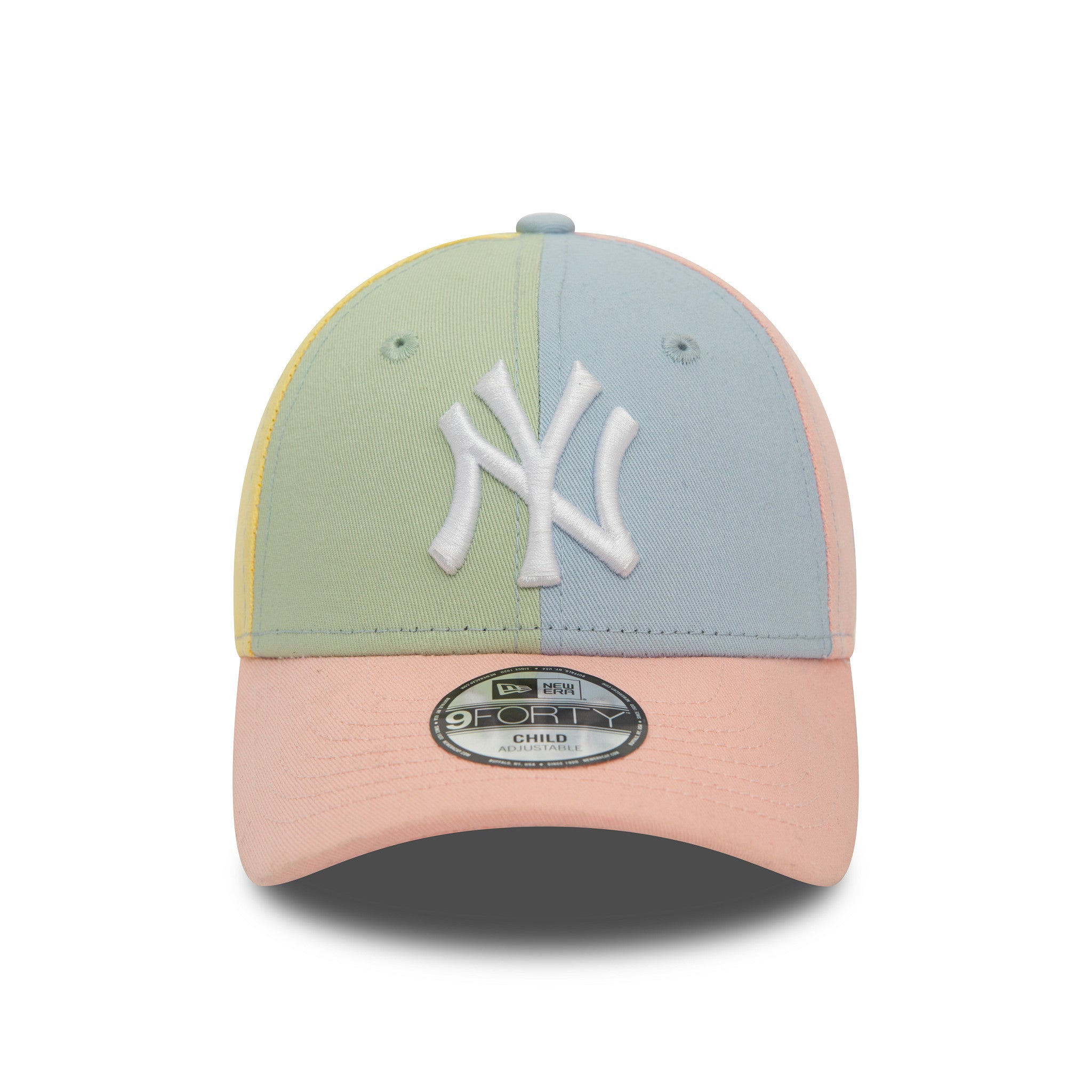 New York Yankees MLB Block Pink New Era 9FORTY Adjustable Cap, front view showing the white raised embroidered NY logo on pastel colour-block panels, with a curved pink visor featuring a 9FORTY size sticker.