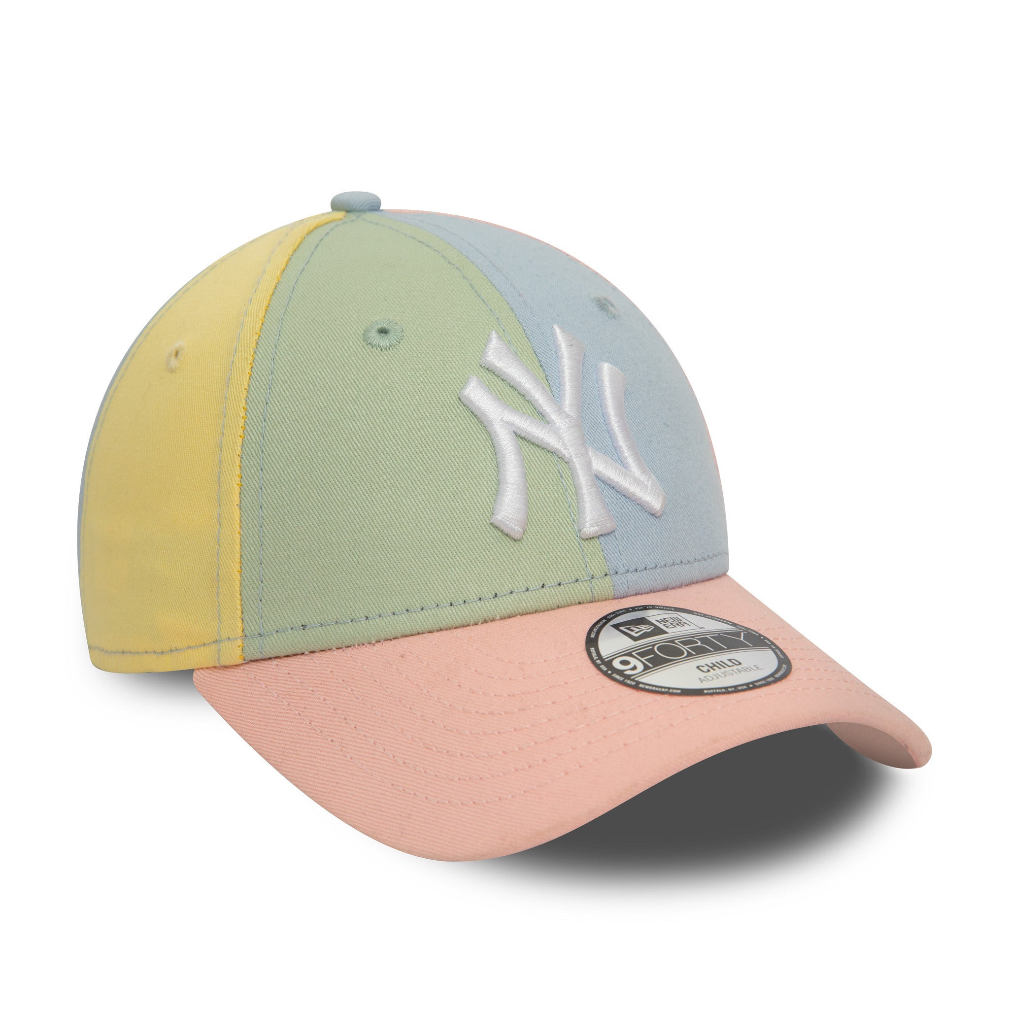 New York Yankees MLB Block Pink New Era 9FORTY Adjustable Cap, front view showing the raised white NY logo on a pastel multi-tone crown, with a soft pink visor and a black 9FORTY size sticker.