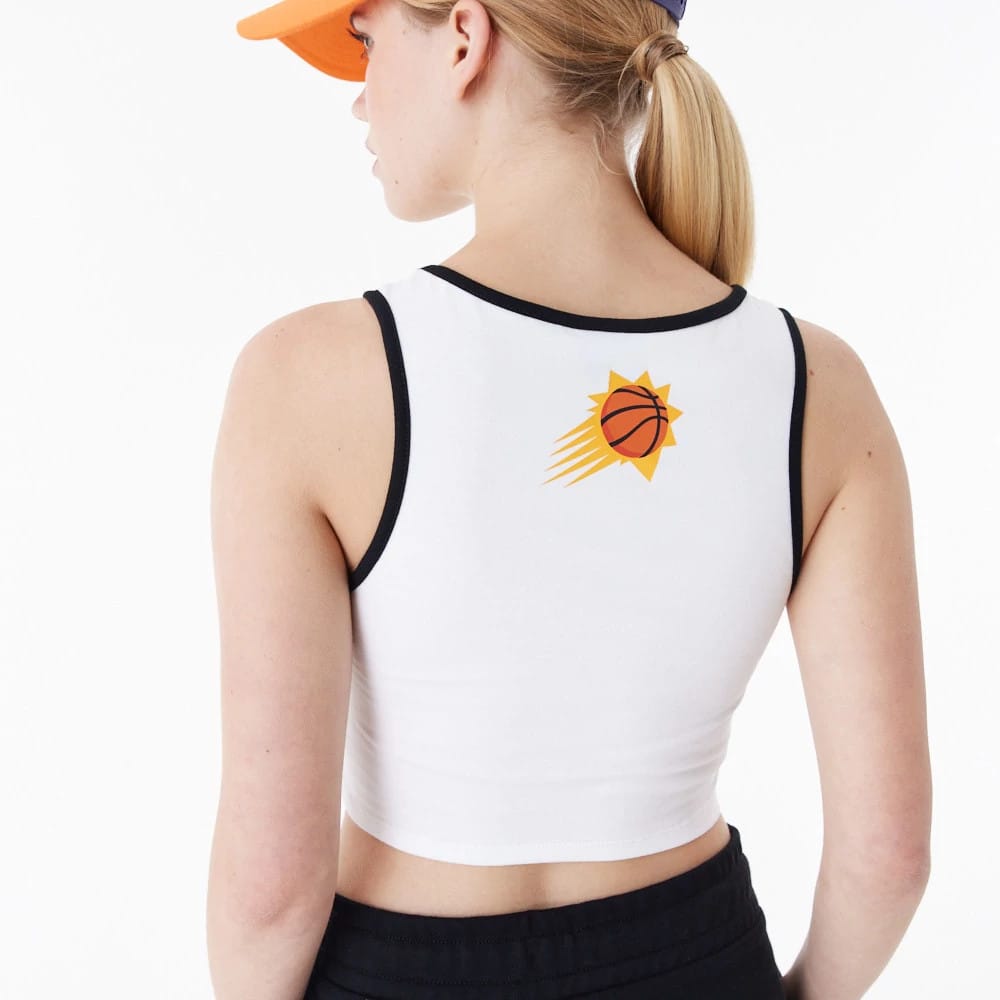 Phoenix Suns Womens NBA Team Wordmark White Crop Tank Top, back view on a model wearing a black and orange cap, showing the Phoenix Suns basketball sunburst logo centred between the shoulder blades.