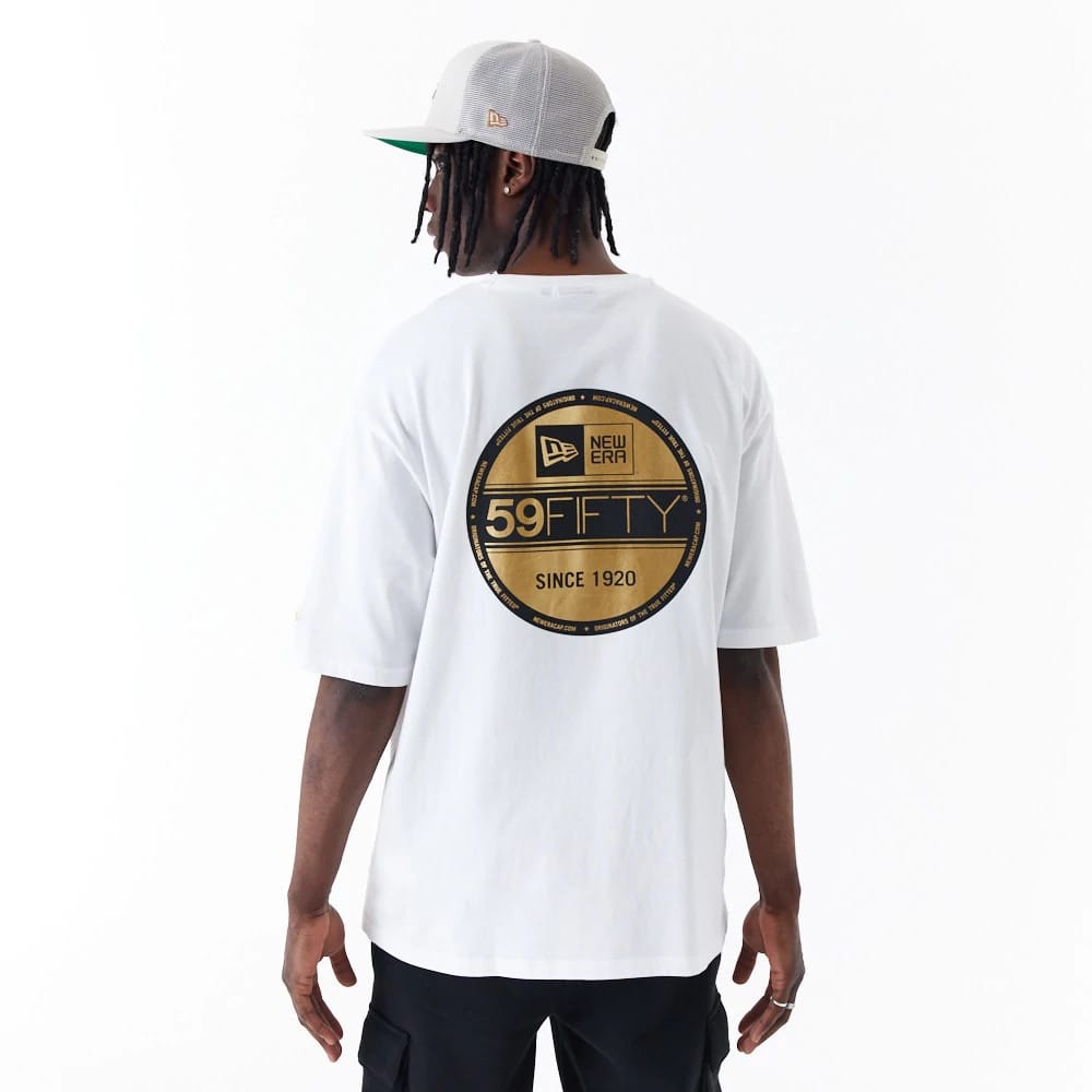 The Male model is wearing New Era Sticker White Oversized T-Shirt 2