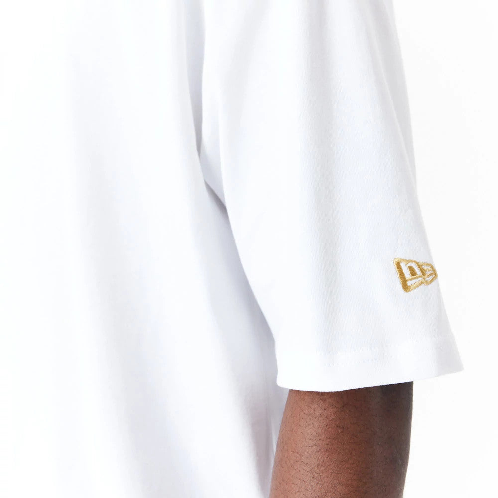 The Male model is wearing New Era Sticker White Oversized T-Shirt 3
