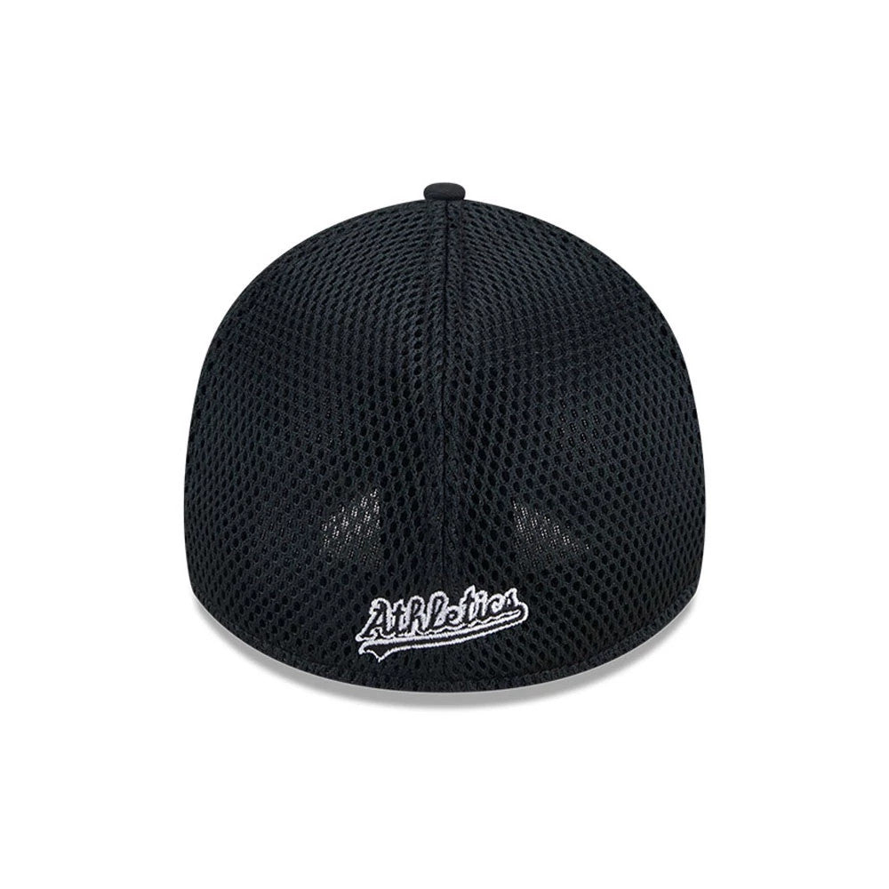 Athletics MLB Evergreen Neo Black New Era 39THIRTY Stretch Fit Cap, rear view showing the white embroidered Athletics script logo at the centre of the black mesh back panels, with a matching black top button.
