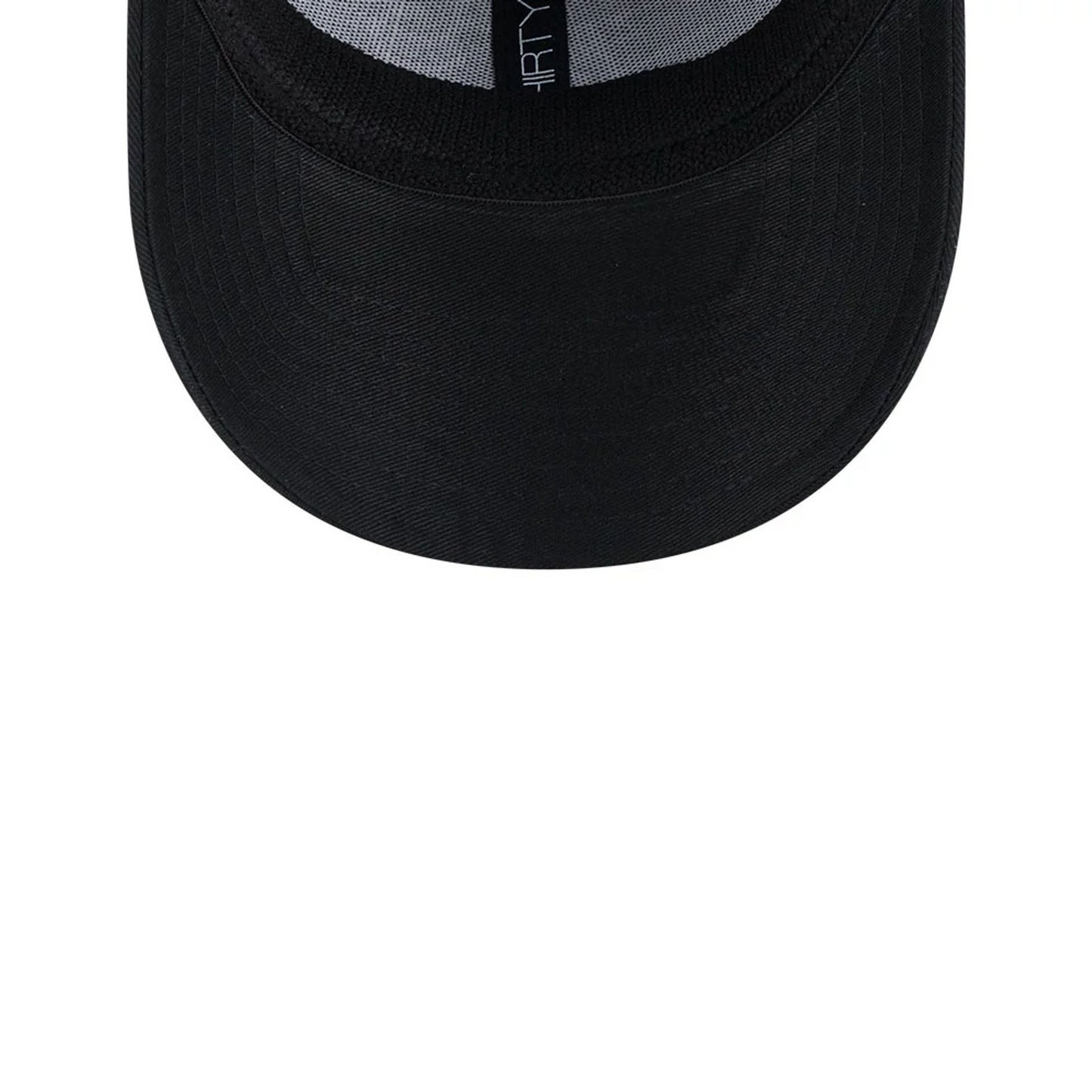 Athletics MLB Evergreen Neo Black New Era 39THIRTY Stretch Fit Cap, inside view showing the black underside of the visor, black interior sweatband, and contrasting grey taping with partial 39THIRTY branding.