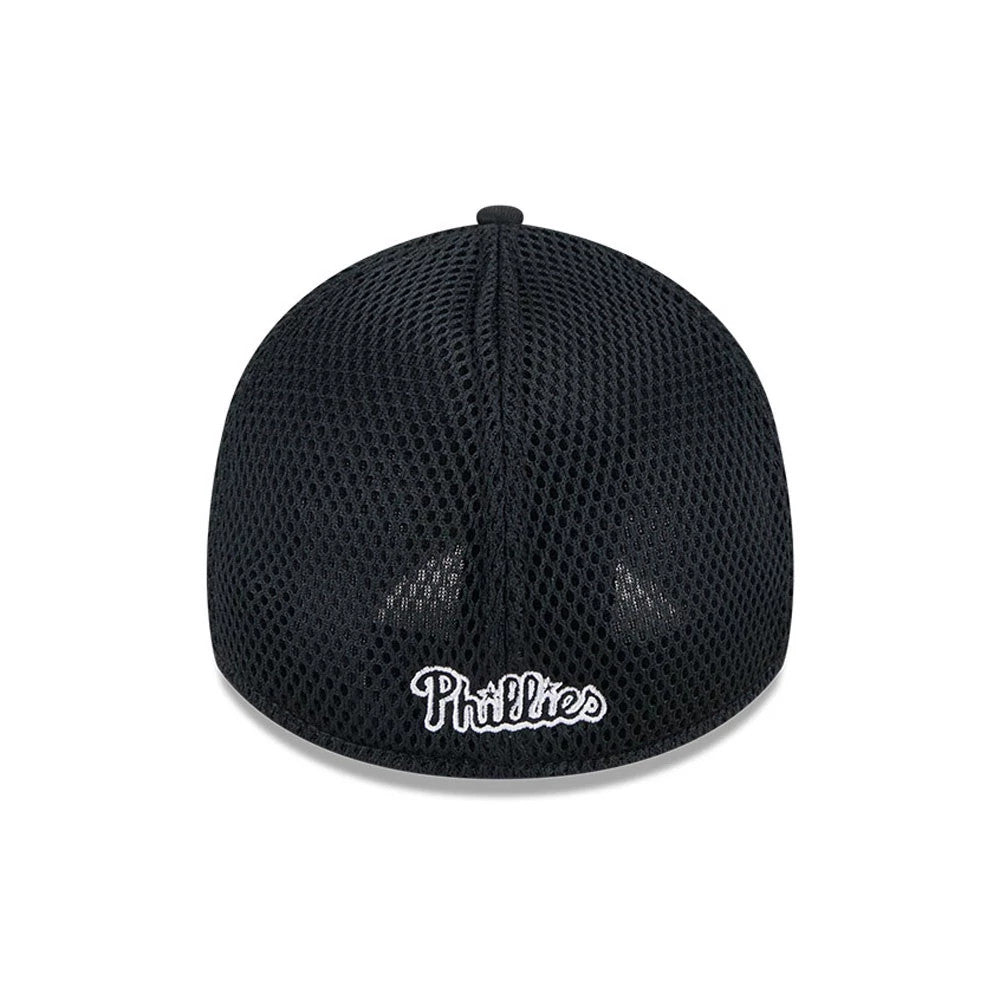 Philadelphia Phillies MLB Evergreen Neo Black New Era 39THIRTY Stretch Fit Cap, rear view showing white embroidered Phillies script logo centred on the black mesh back panels with a black top button.