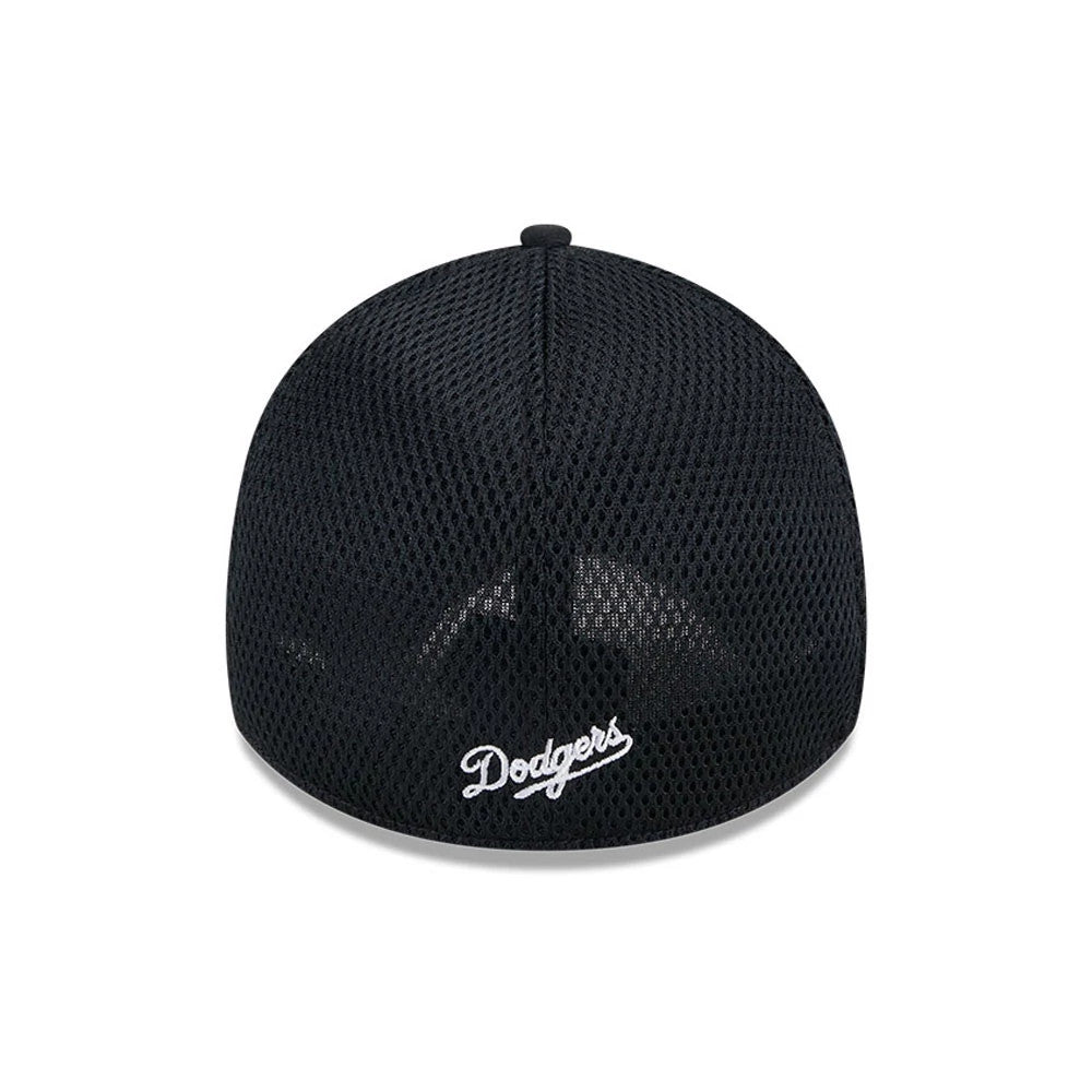 LA Dodgers MLB Evergreen Neo Black New Era 39THIRTY Stretch Fit Cap, rear view showing the white embroidered Dodgers logo centred on the mesh back panels, with a black top button on the structured crown.