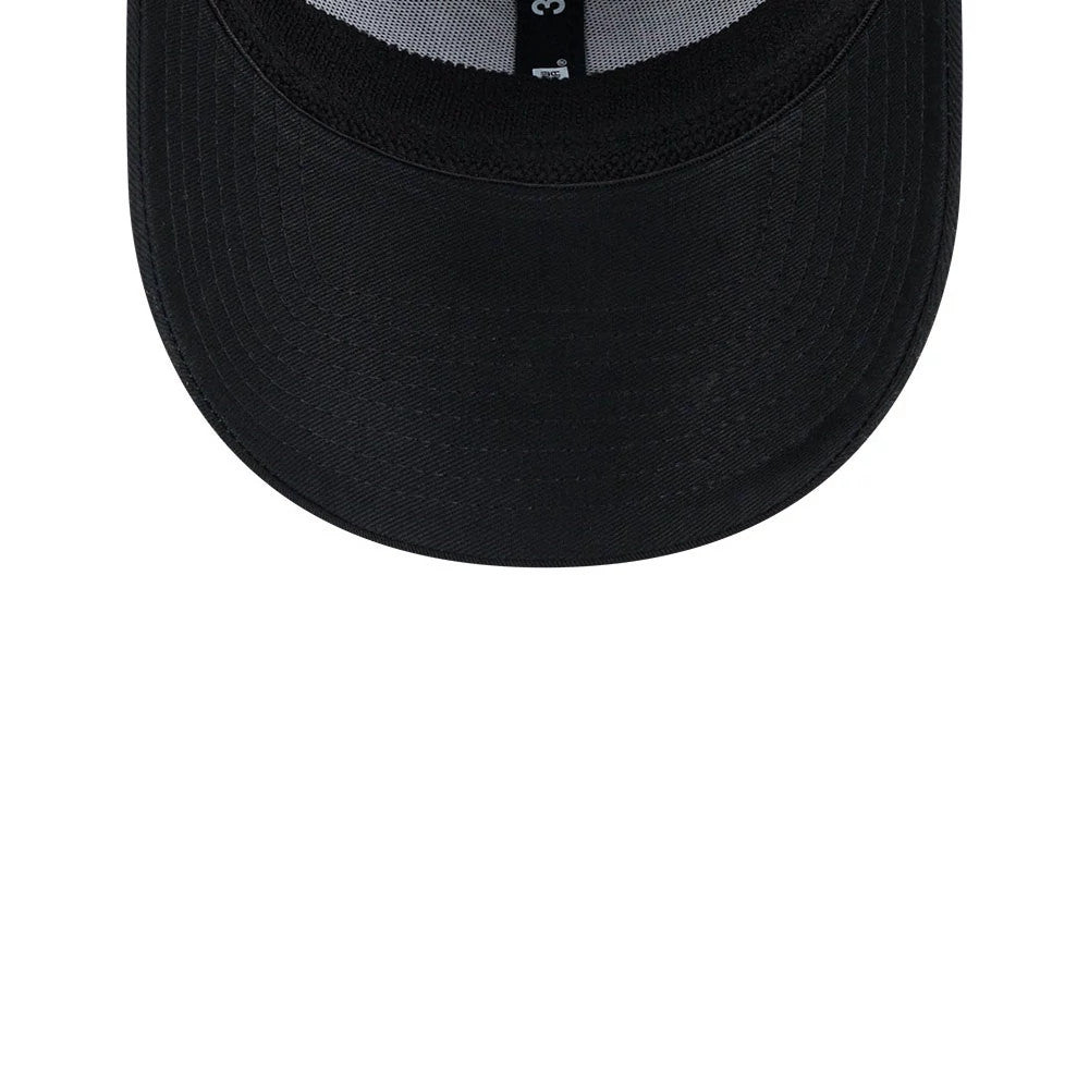 Miami Marlins MLB Evergreen Neo Black New Era 39THIRTY Stretch Fit Cap, inside view showing the grey sweatband, black taping with repeated branding, and black underside of the visor.