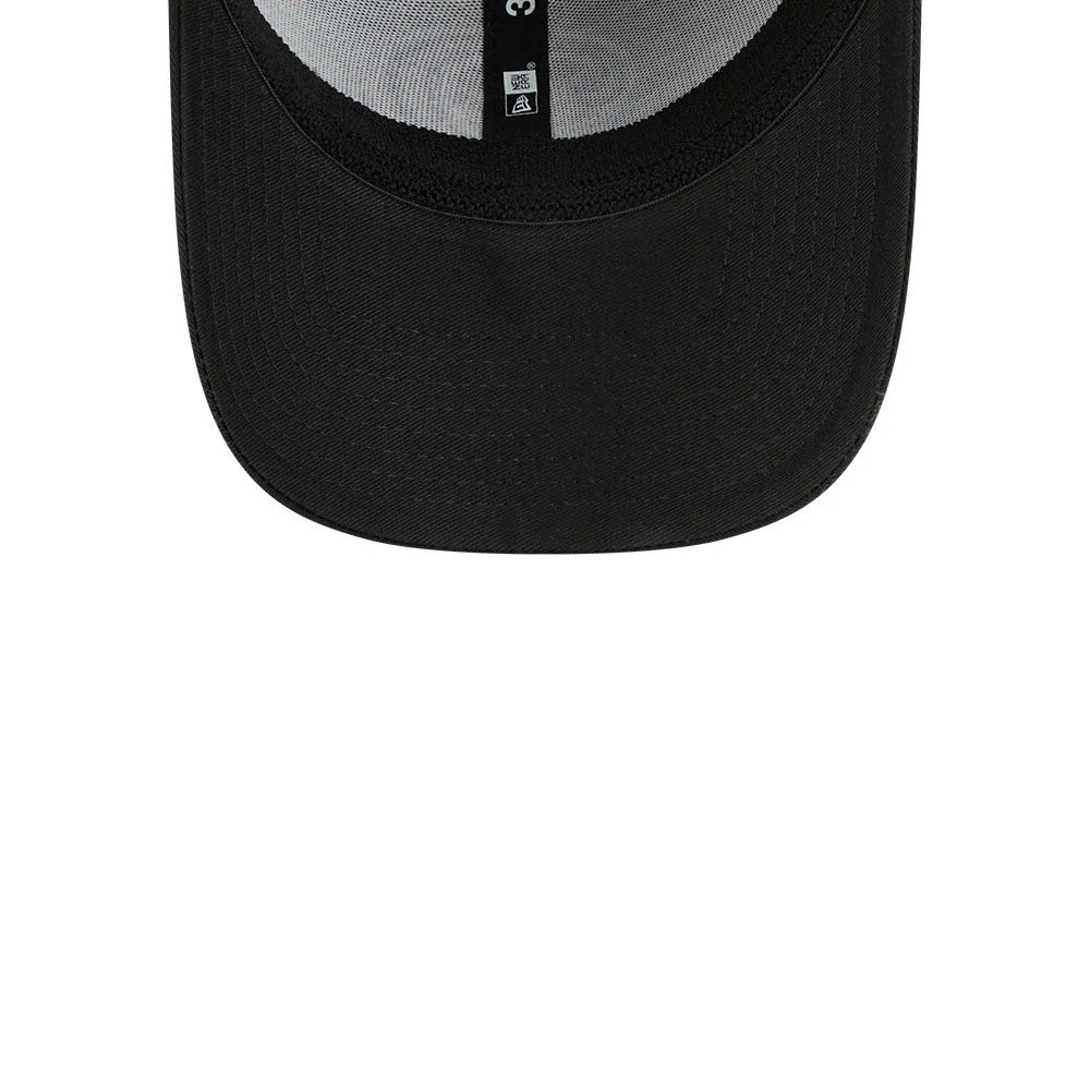 LA Dodgers MLB Evergreen Cooperstown Black New Era 39THIRTY Stretch Fit Cap, inside view showing the white sweatband, black taping with logo details, and the underside of the curved black visor.