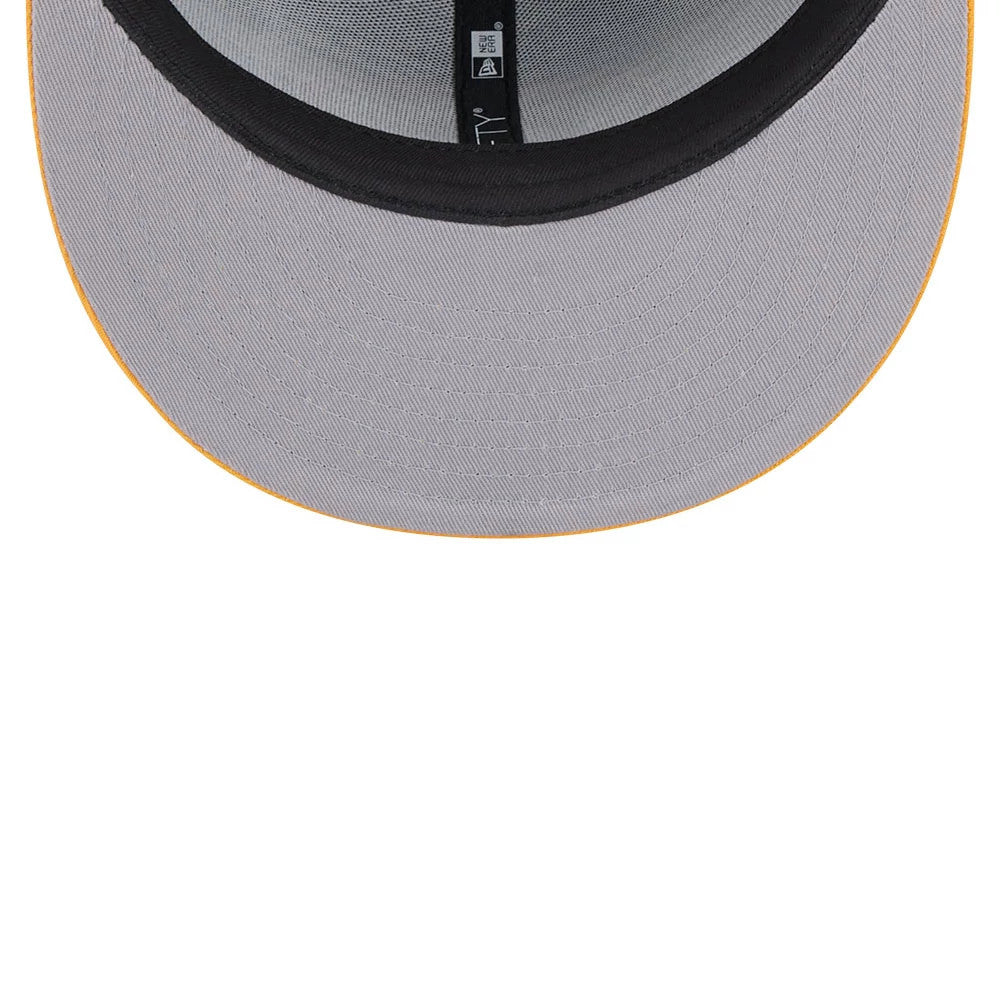 Green Bay Packers NFL Evergreen Dark Green New Era 9FIFTY Snapback Adjustable Cap, inside view showing the black taping with a grey undervisor, and a small New Era logo tab on the sweatband.