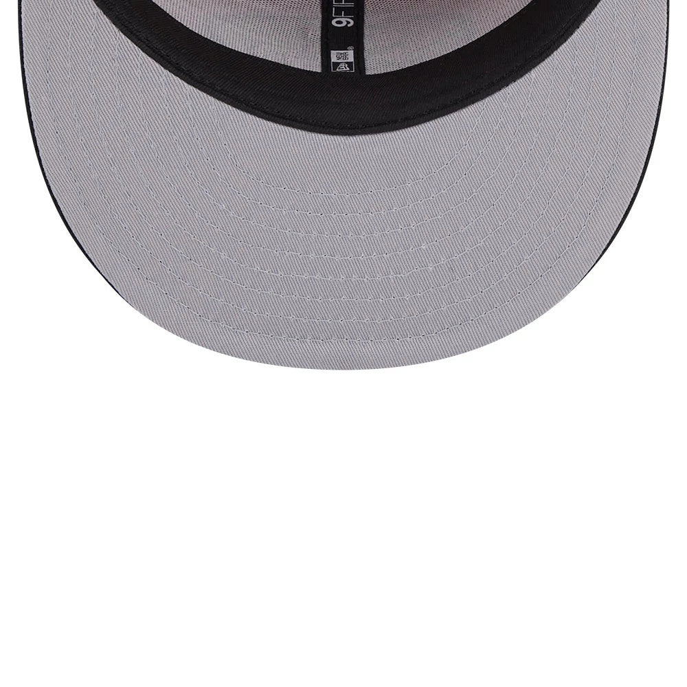 San Francisco 49ers NFL Evergreen Red New Era 9FIFTY Snapback Adjustable Cap, inside view showing the grey undervisor and black sweatband, with a 9FIFTY sticker and league logo on the underside of the visor.
