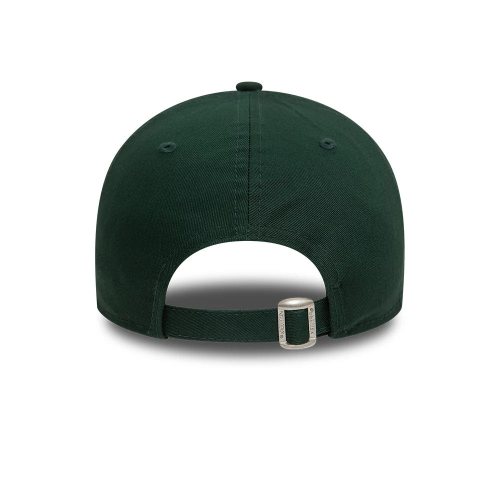 New York Yankees League Essential Dark Green New Era 9FORTY Adjustable Cap, rear view showing a dark green structured crown, dark green strap with a metal buckle for size adjustment, and a centred top button.