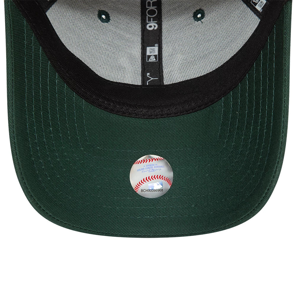 New York Yankees League Essential Dark Green New Era 9FORTY Adjustable Cap, inside view showing black taping with a 9FORTY logo, a dark grey sweatband, two green eyelets, and a baseball-themed sticker on the dark green undervisor.