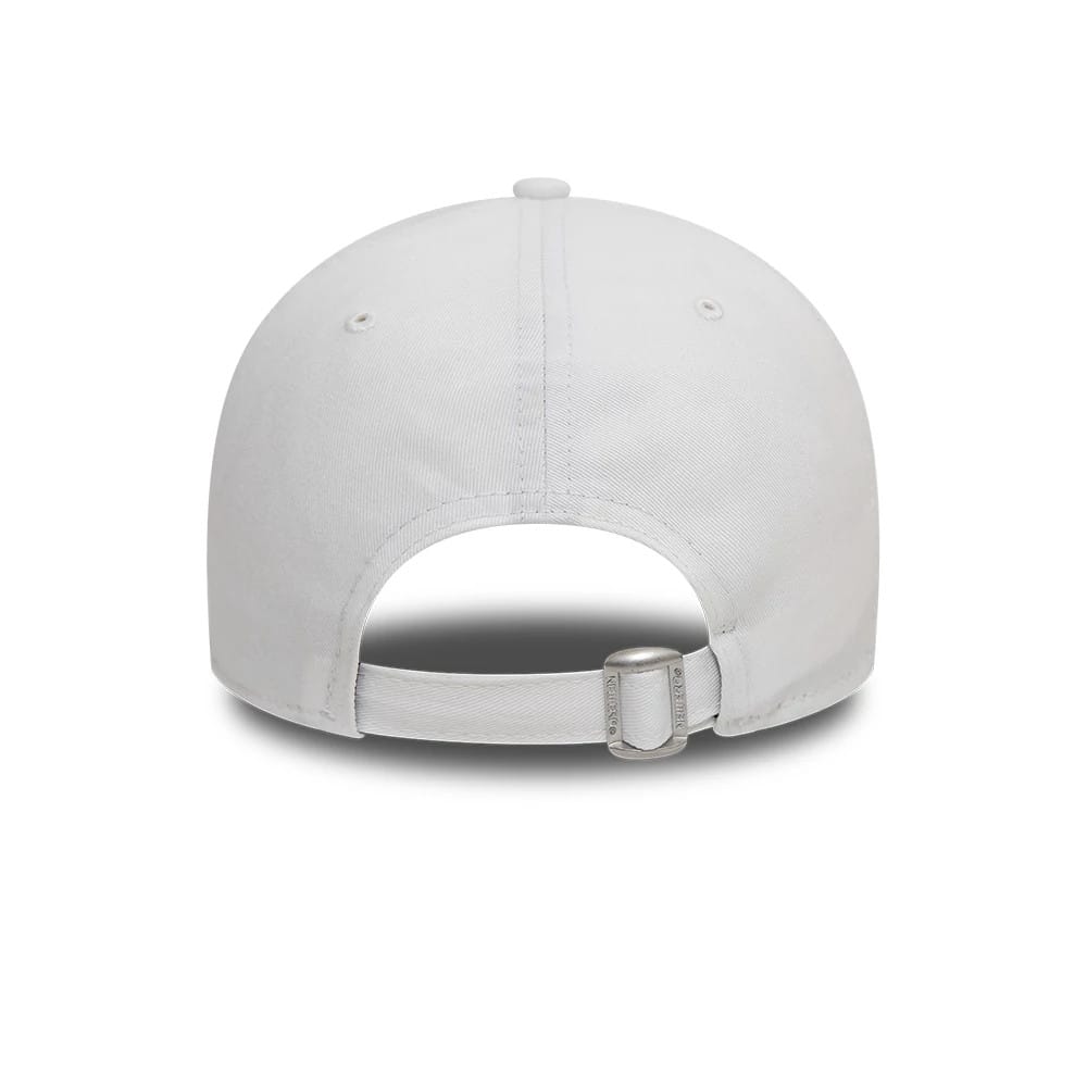 LA Dodgers League Essential White New Era 9FORTY Adjustable Cap, rear view showing an open back design with a white strap and silver buckle for fit adjustment, featuring a smooth white crown and matching top button.