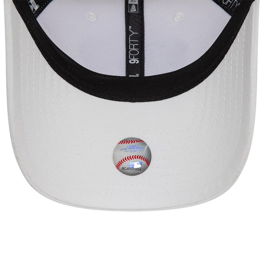 LA Dodgers League Essential White New Era 9FORTY Adjustable Cap, inside view showing the black sweatband, white taping with logos, and the MLB authentication sticker on the white undervisor.