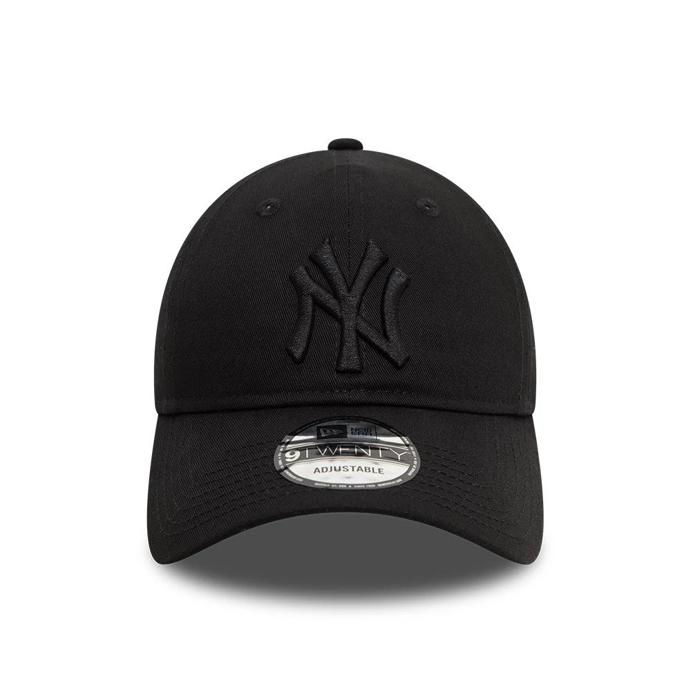 New York Yankees League Essential Black On Black New Era 9TWENTY Adjustable Cap, front view showing raised black NY logo embroidery on the front panels, with a slightly curved visor and a 9TWENTY size sticker centred on the visor.