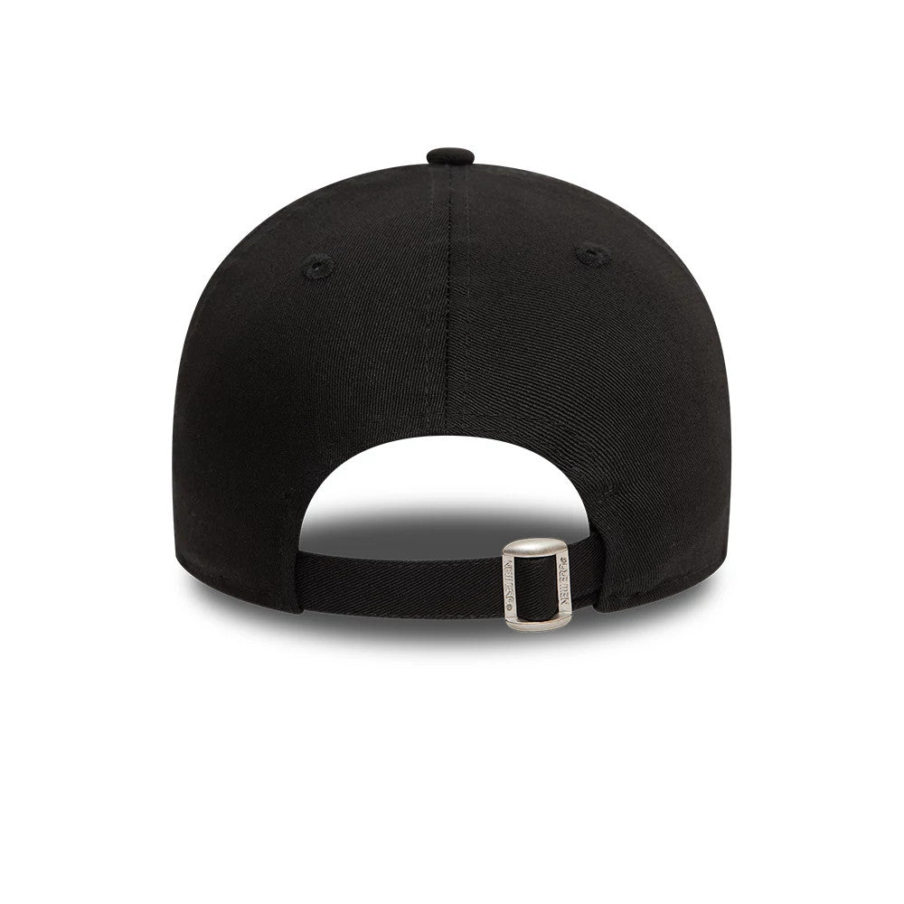 LA Dodgers League Essential Black New Era 9TWENTY Adjustable Cap, rear view showing the plain black back panels with an open section and an adjustable fabric strap fastened by a silver buckle, alongside the top button and eyelets.