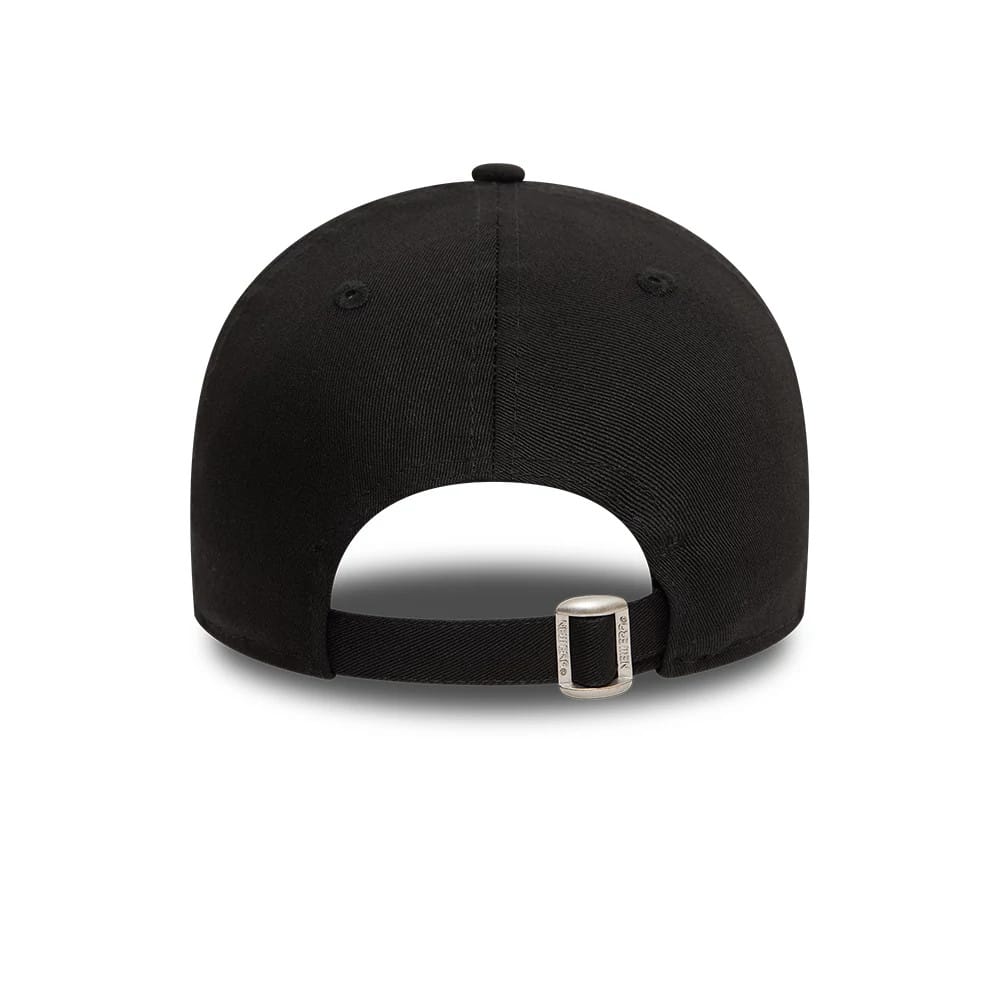 LA Dodgers League Essential Black New Era 9TWENTY Adjustable Cap, rear view showing the plain black back panels with an open section and an adjustable fabric strap fastened by a silver buckle, alongside the top button and eyelets.