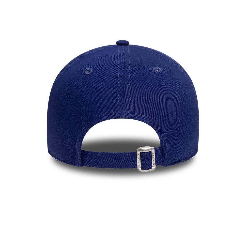LA Dodgers League Essential Dark Blue New Era 9TWENTY Adjustable Cap, rear view showing the open adjustable strap with metal buckle, centred on the dark blue curved crown with tonal eyelets and top button.