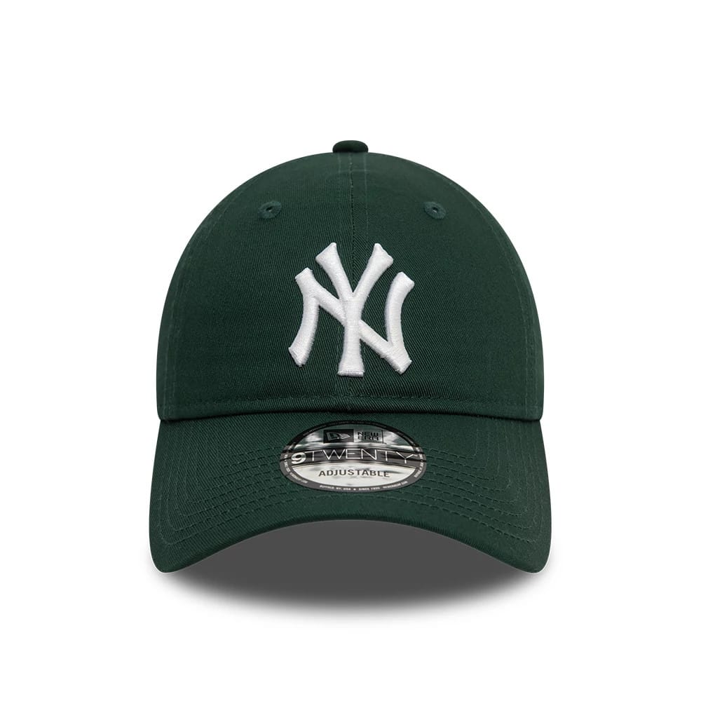New York Yankees League Essential Dark Green New Era 9TWENTY Adjustable Cap, front view showing a raised white NY logo on the dark green front panels, curved visor with a 9TWENTY size sticker on the top.