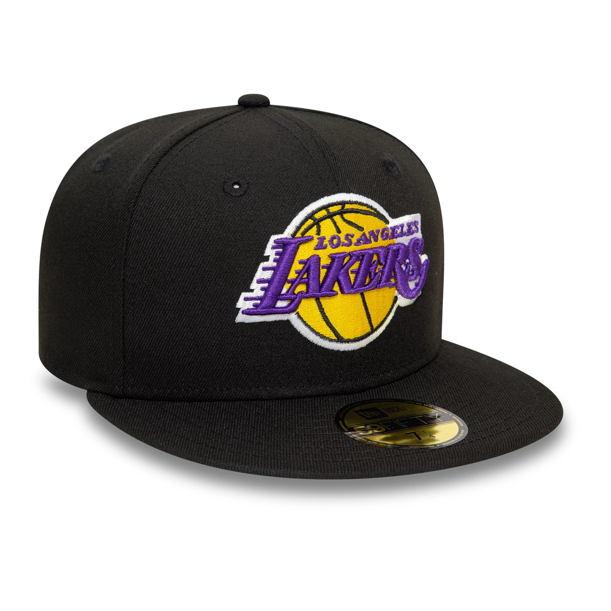 LA Lakers NBA Essential Black New Era 59FIFTY Fitted Cap, front view showing the raised embroidered LA Lakers logo in purple and yellow on the front panel, with a top button and a gold 59FIFTY size sticker on the black visor.