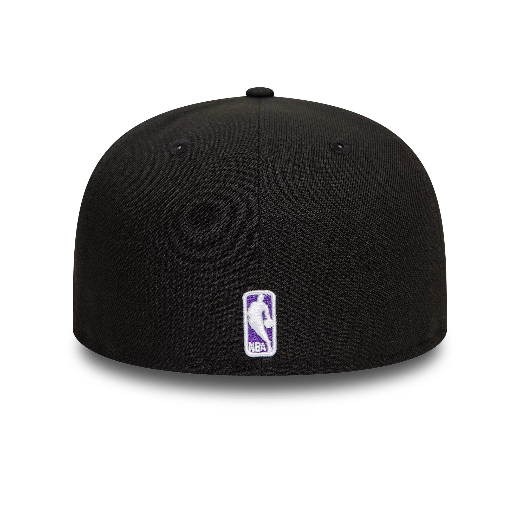 LA Lakers NBA Essential Black New Era 59FIFTY Fitted Cap, rear view showing the white and purple embroidered NBA logo at the centre back of the black crown, highlighting the seamless finish and classic silhouette.
