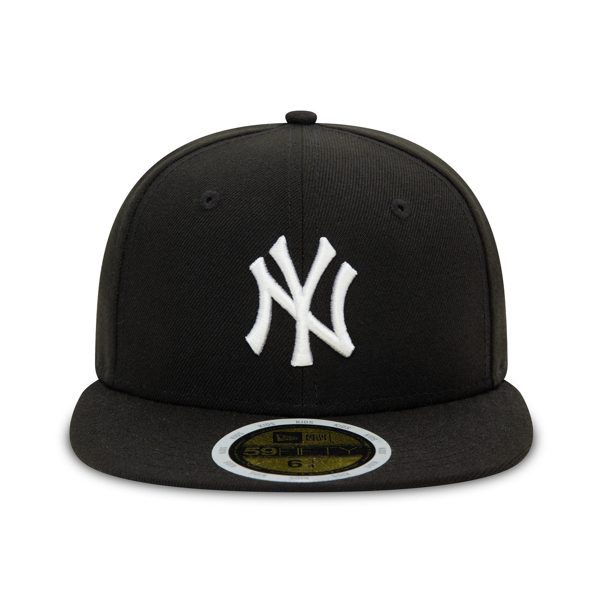 New York Yankees Youth Black New Era 59FIFTY Fitted Cap, front view showing the raised white embroidered NY logo on the structured black crown and a gold 59FIFTY size sticker centred on the flat black visor.