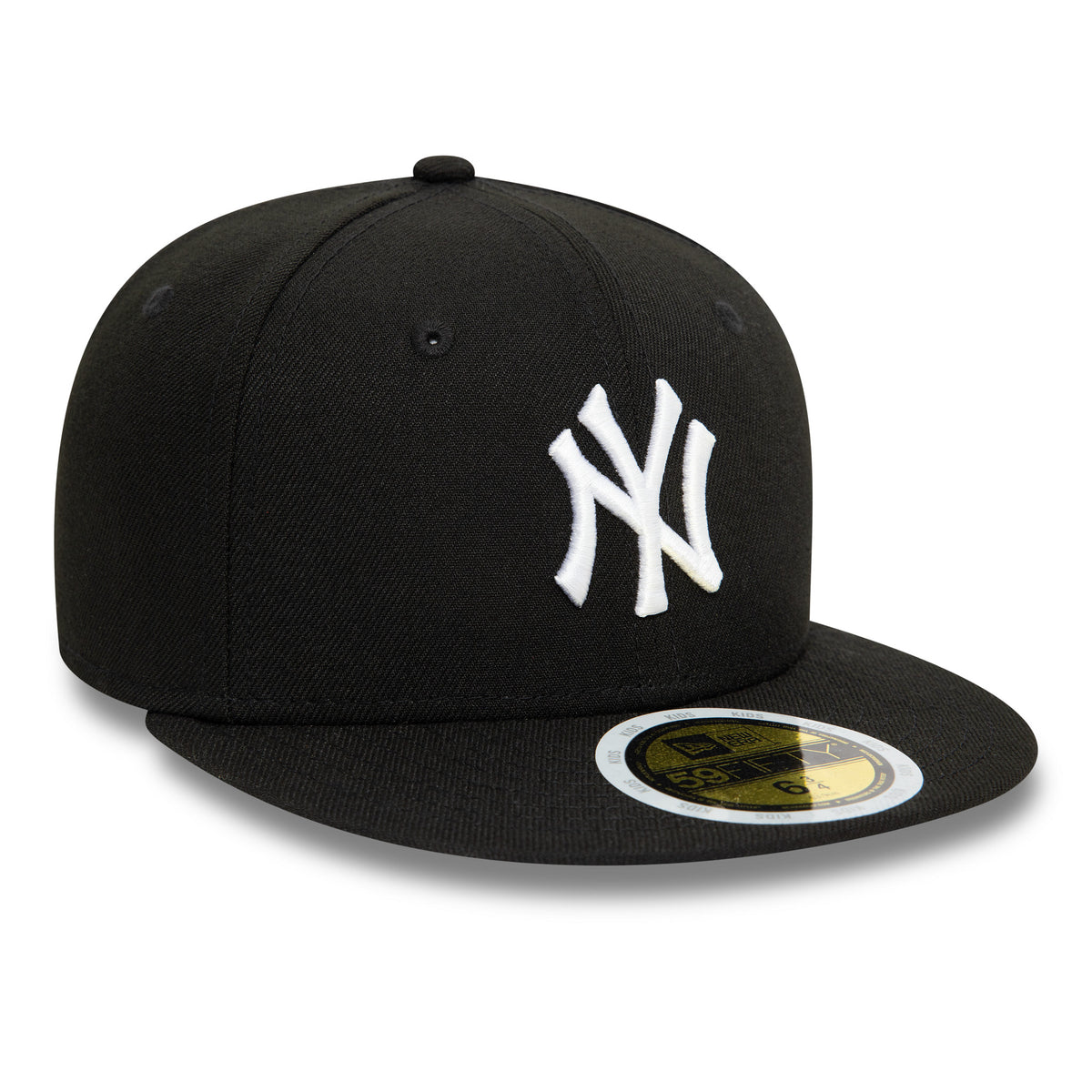 New York Yankees Youth Black New Era 59FIFTY Fitted Cap, three-quarter view showing the white embroidered NY logo on the front panel and a gold 59FIFTY size sticker on the flat black visor.