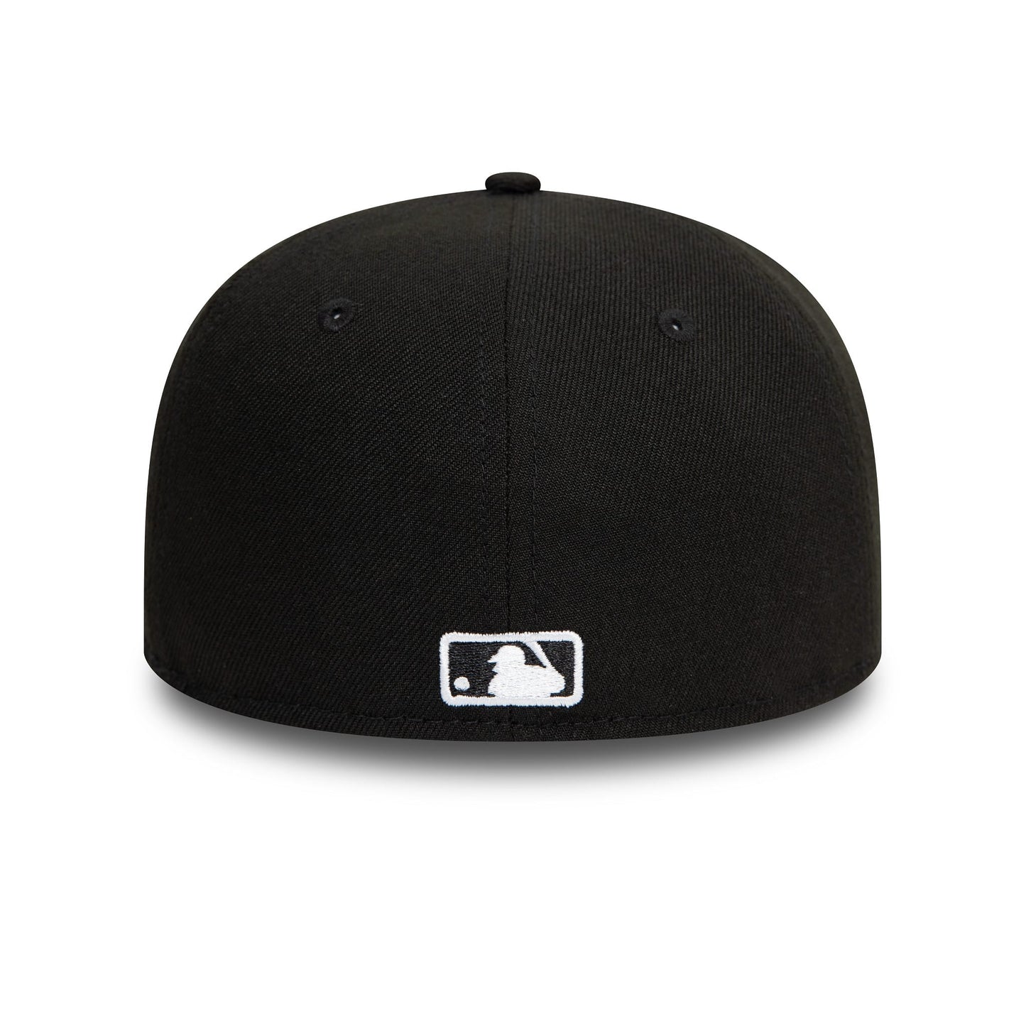 New York Yankees Youth Black New Era 59FIFTY Fitted Cap, rear view showing the white embroidered MLB Batterman logo at the centre of the back panels, with a black structured crown and matching eyelets.