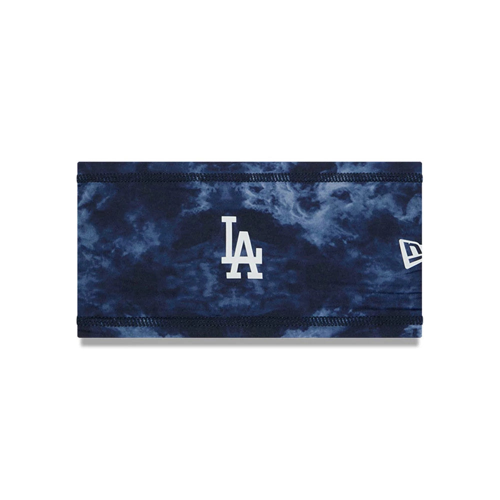 New Era LA Dodgers MLB Clubhouse Grey Headband, front view showing the white LA logo centred on a grey and blue marbled pattern, with the New Era flag logo positioned on the right side.