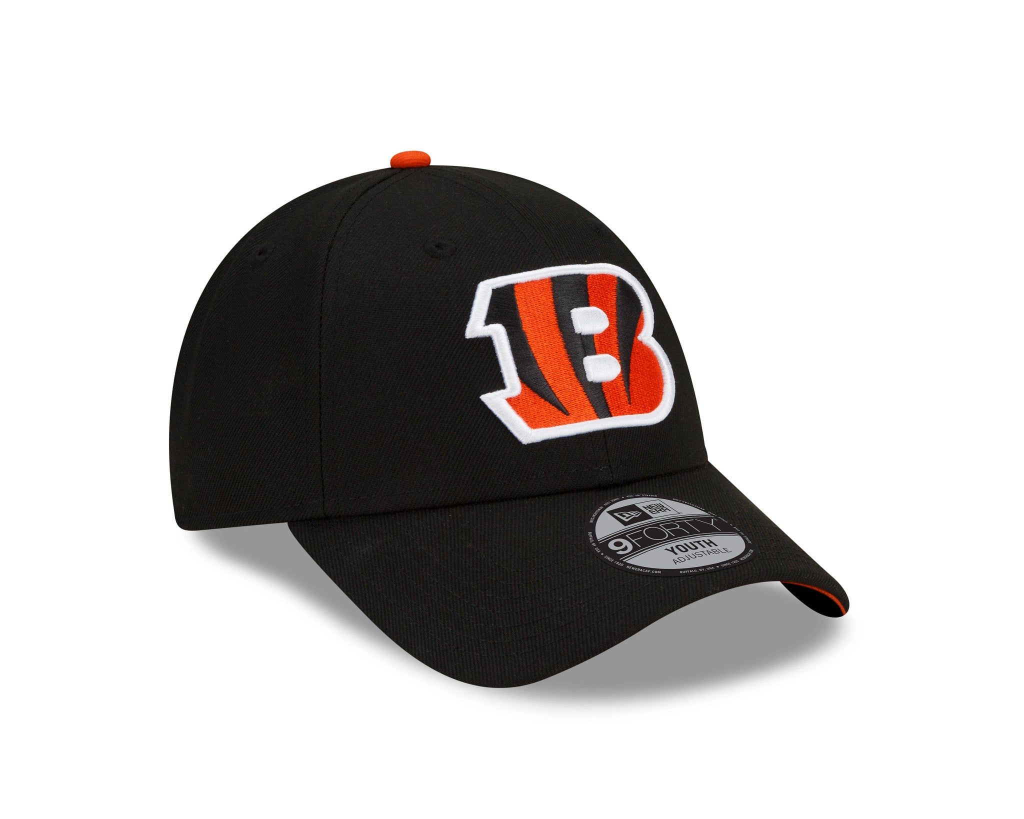 Cincinnati Bengals Youth NFL The League Black New Era 9FORTY Adjustable Cap, front view showing the raised orange and white B logo on the front panel, with a 9FORTY size sticker on the curved black visor and an orange top button.