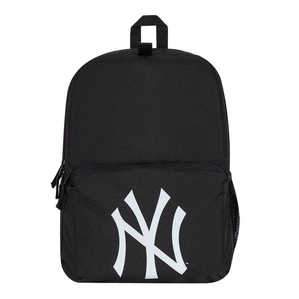 New Era New York Yankees MLB Multi Compartment Black Stadium Backpack, front view showing the large white Yankees logo centred on the front pocket, dual zips on the main compartment, and a black carry handle at the top.