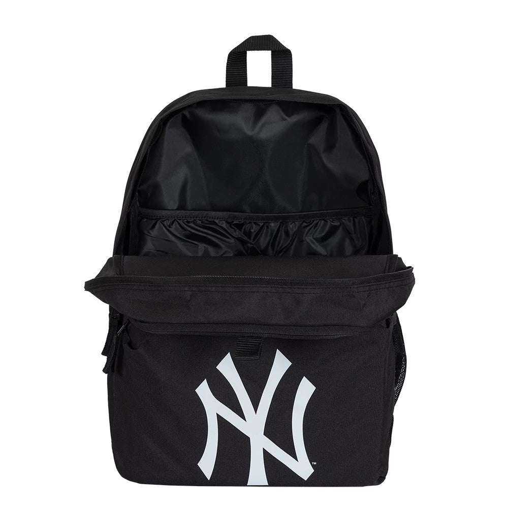 New Era New York Yankees MLB Multi Compartment Black Stadium Backpack, open view showing the main compartment with inner pockets, large raised New York Yankees logo on the front pocket and a carry handle at the top.