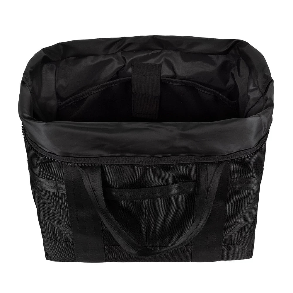 New Era Black Utility Tote Bag, open view showing the wide open top with rounded edges, a spacious interior in black with a central strap and thick double handles attached to the sides.