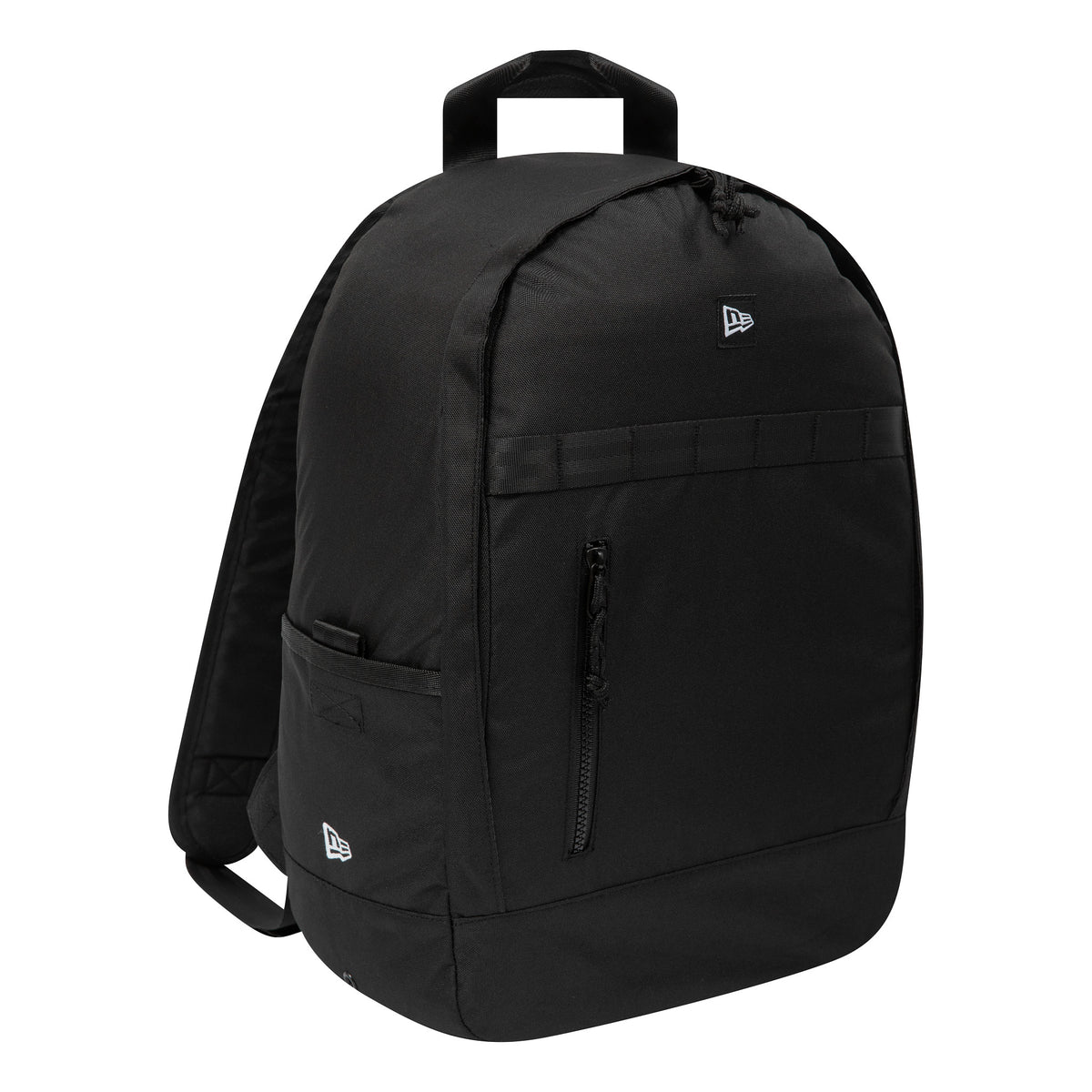 New Era Day Pack Black Backpack, three-quarter view showing the black backpack with a raised New Era logo on the front upper half, a zip pocket below, and a small side pocket with a handle on top for carrying.