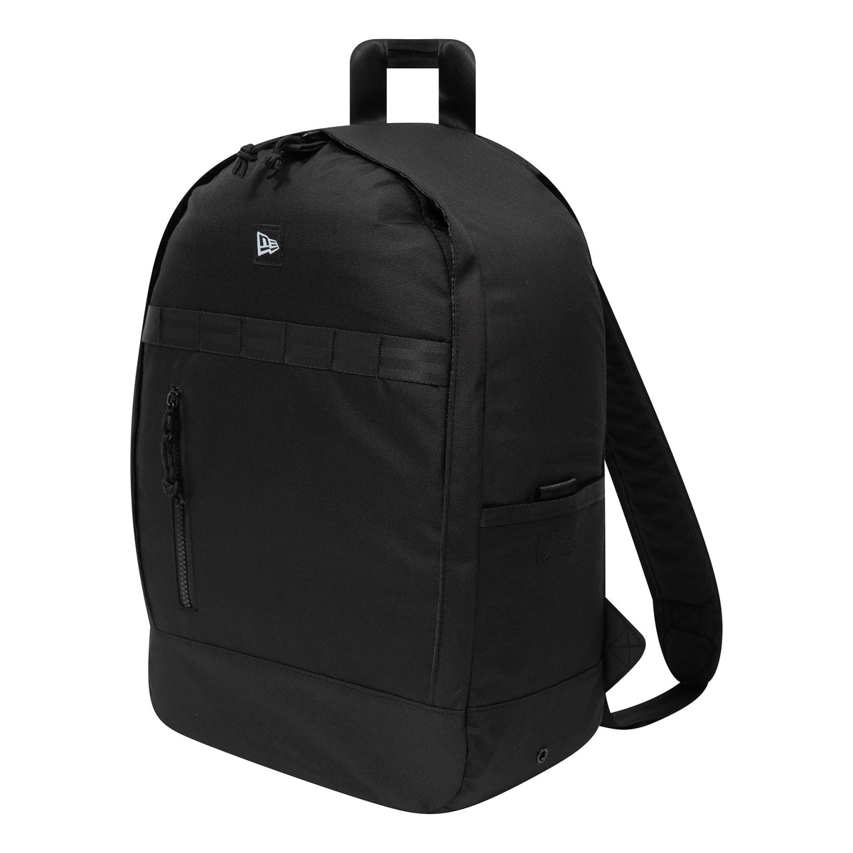 New Era Day Pack Black Backpack, three-quarter view showing the sleek black exterior with a front zip pocket, padded shoulder straps, a debossed New Era logo near the top, and a woven grab handle.