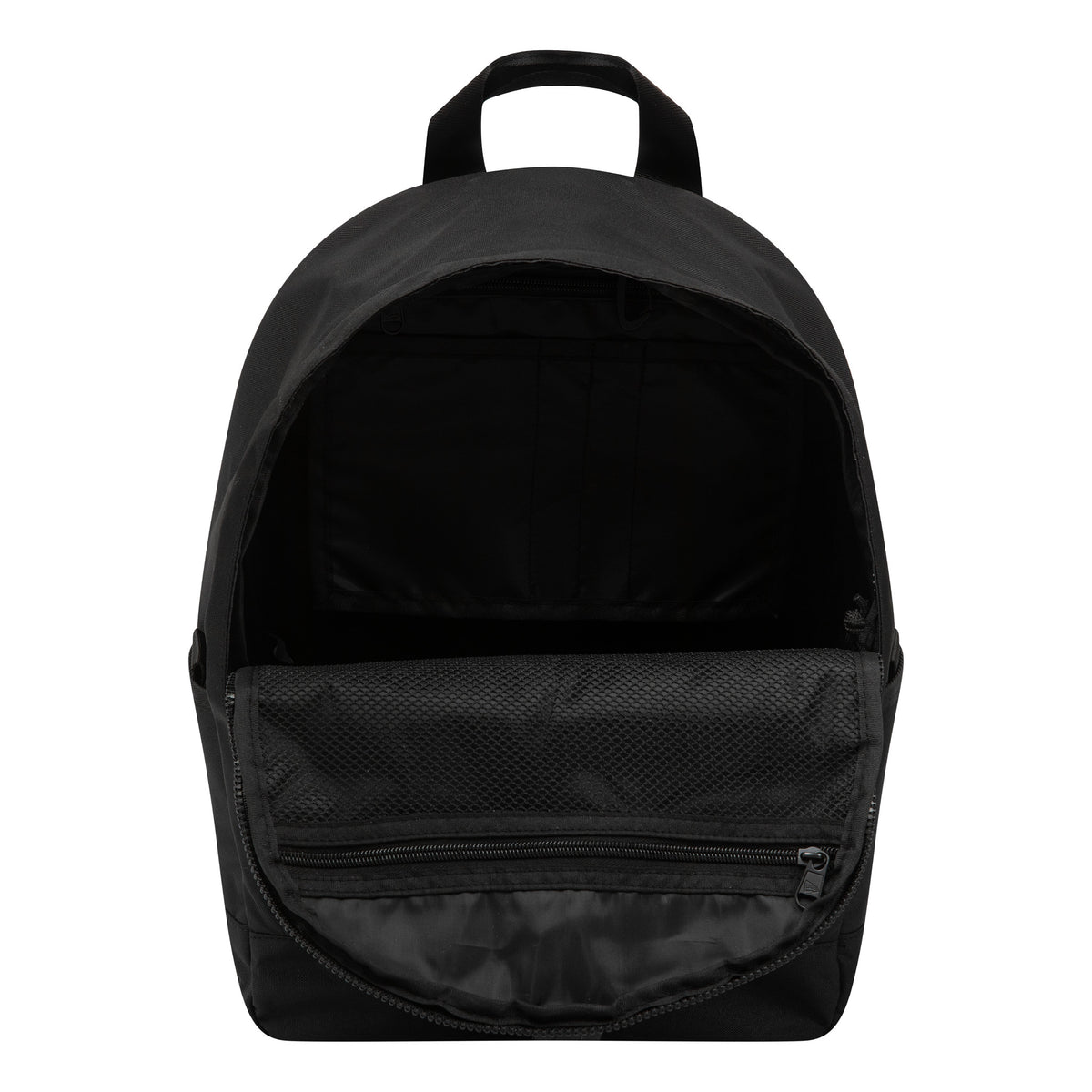 New Era Day Pack Black Backpack, open view showing the interior compartment with a large black opening, a mesh pocket with a zip on the inside panel, and a short carry handle at the top.