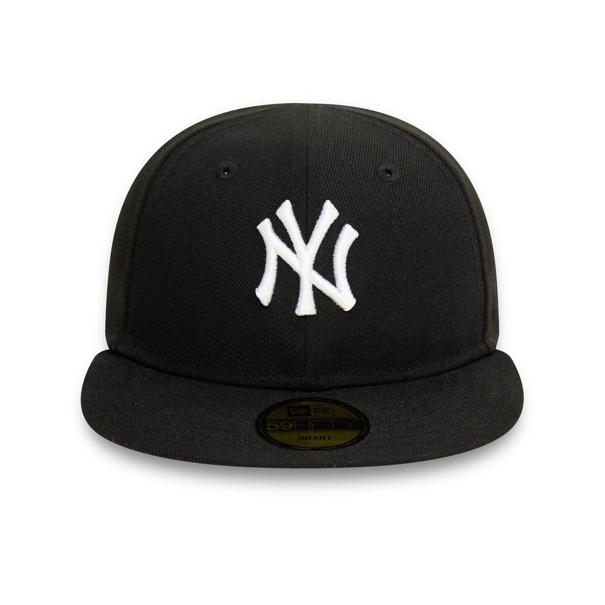 New York Yankees My First Black New Era 59FIFTY Fitted Cap, front view with raised white NY logo embroidered on the front panel, featuring a flat visor with a gold 59FIFTY size sticker.