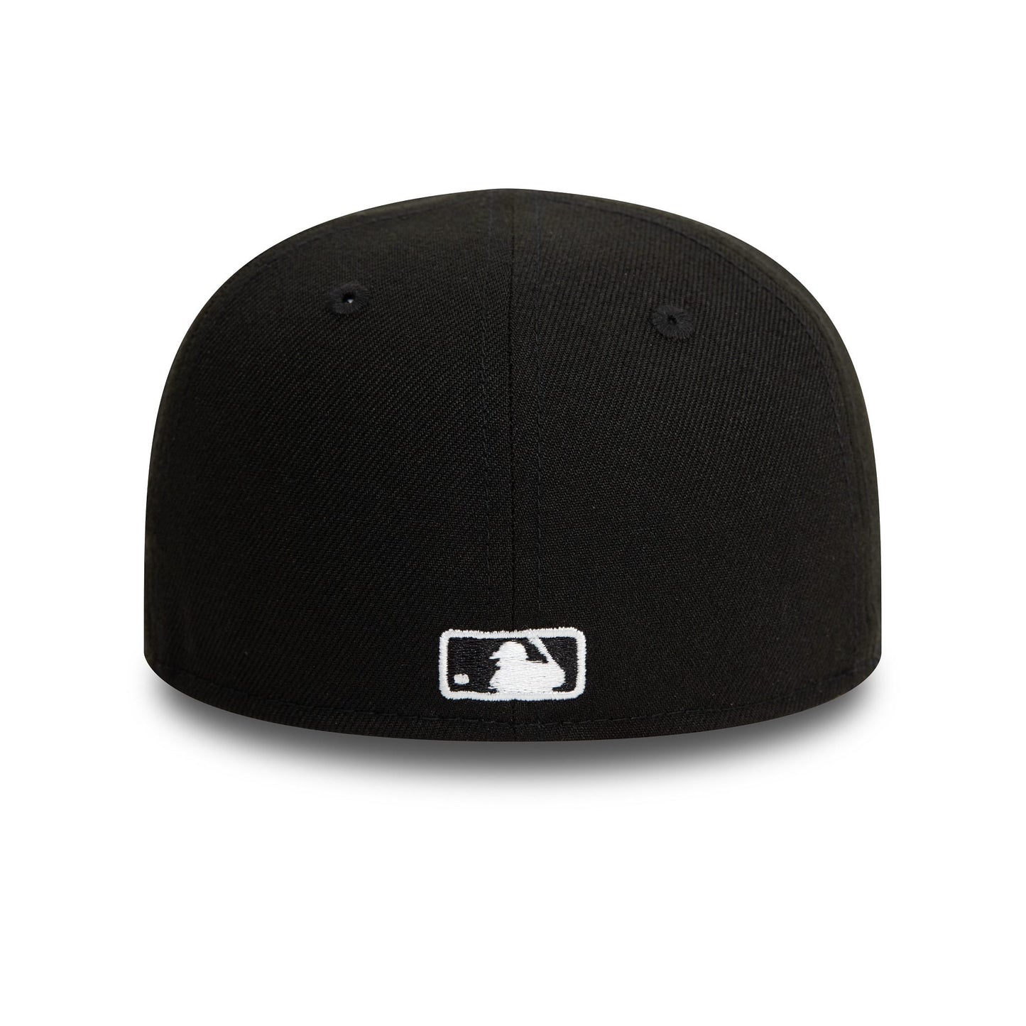New York Yankees My First Black New Era 59FIFTY Fitted Cap, rear view showing white embroidered MLB Batterman logo centred low on the black structured crown with matching eyelets and contouring seams.